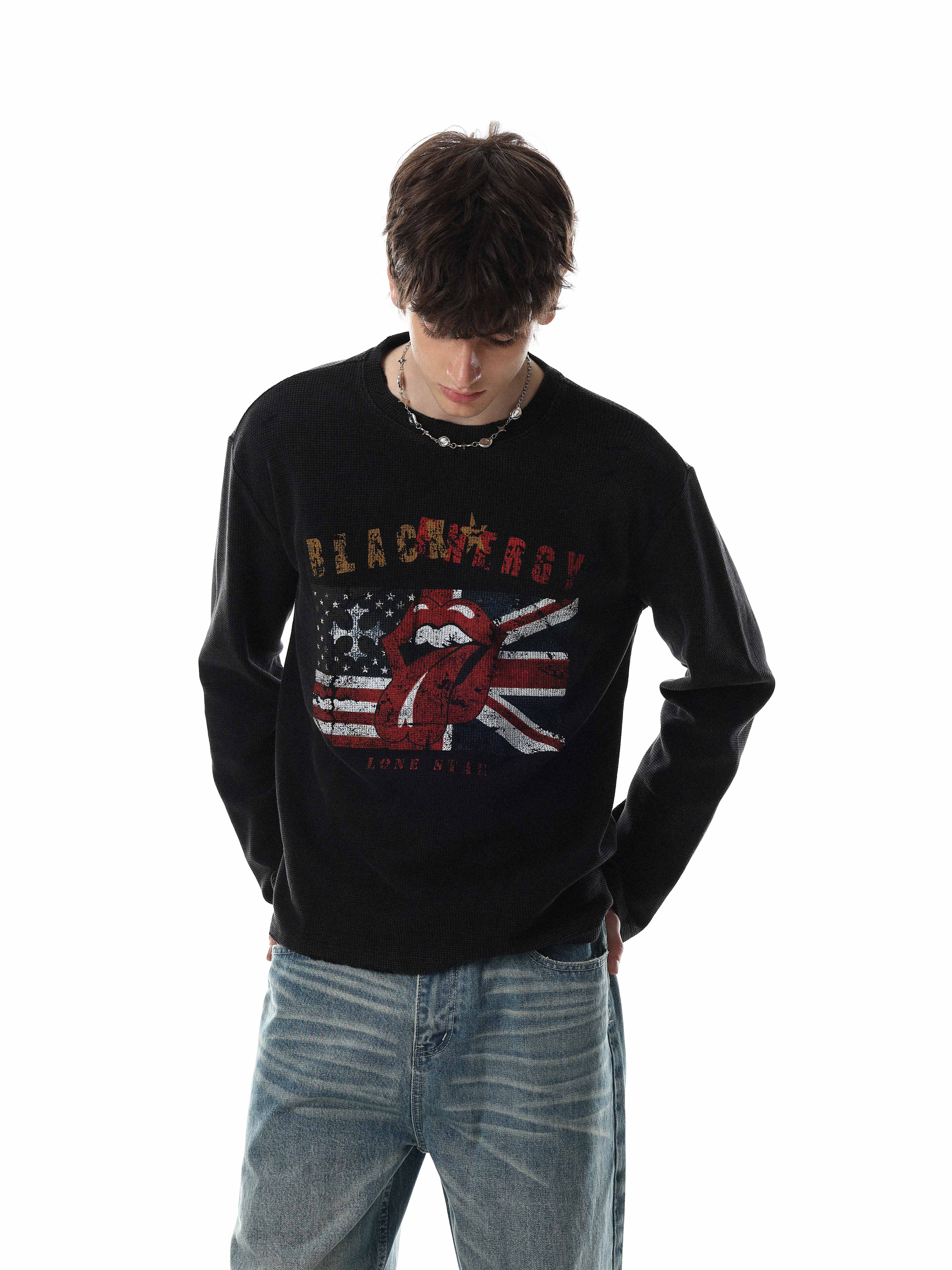 STARRVAINT Vintage Graphic Waffle Long Sleeve Tee