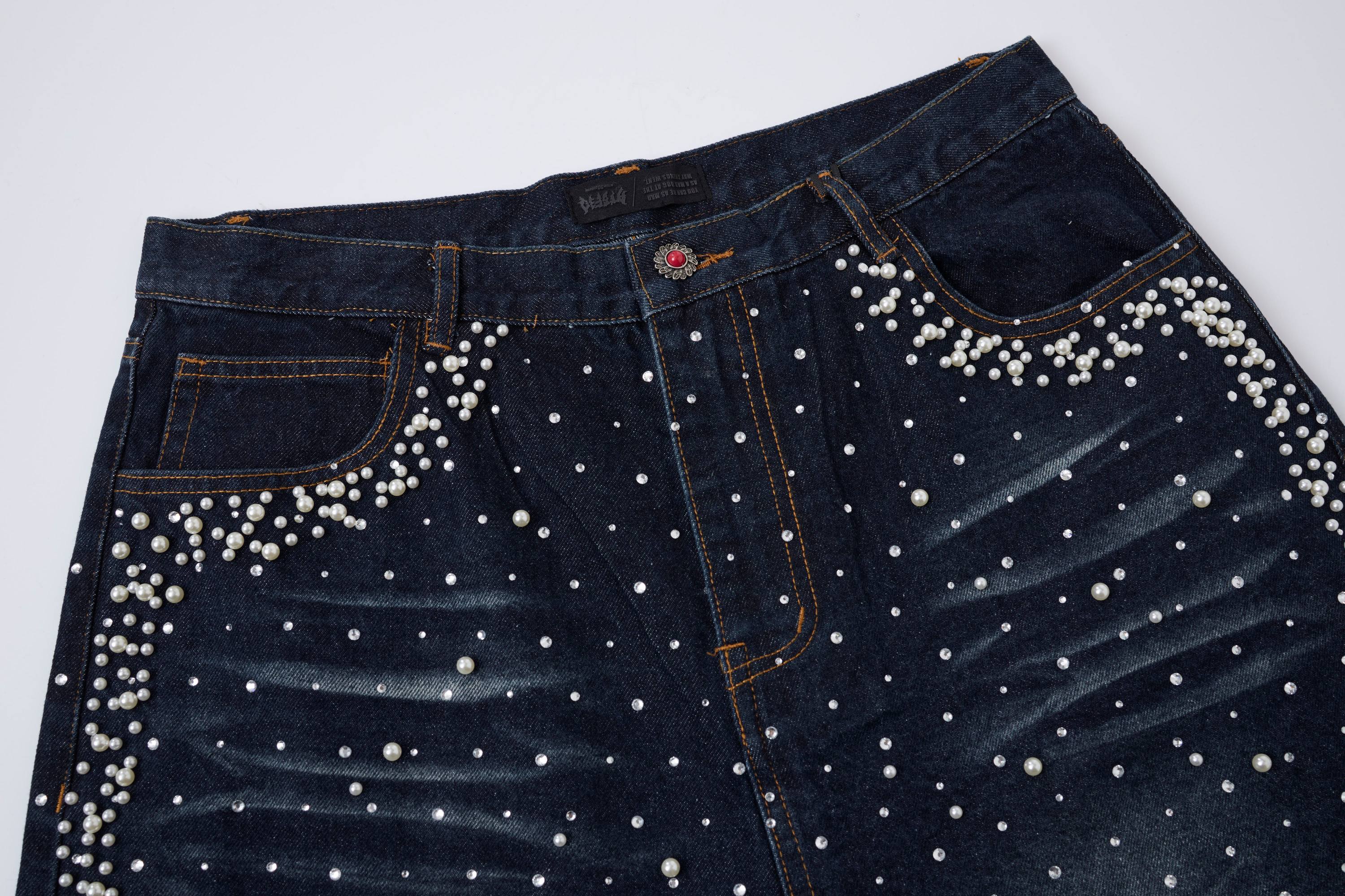 STARRVAINT Pearl Studded Denim Shorts