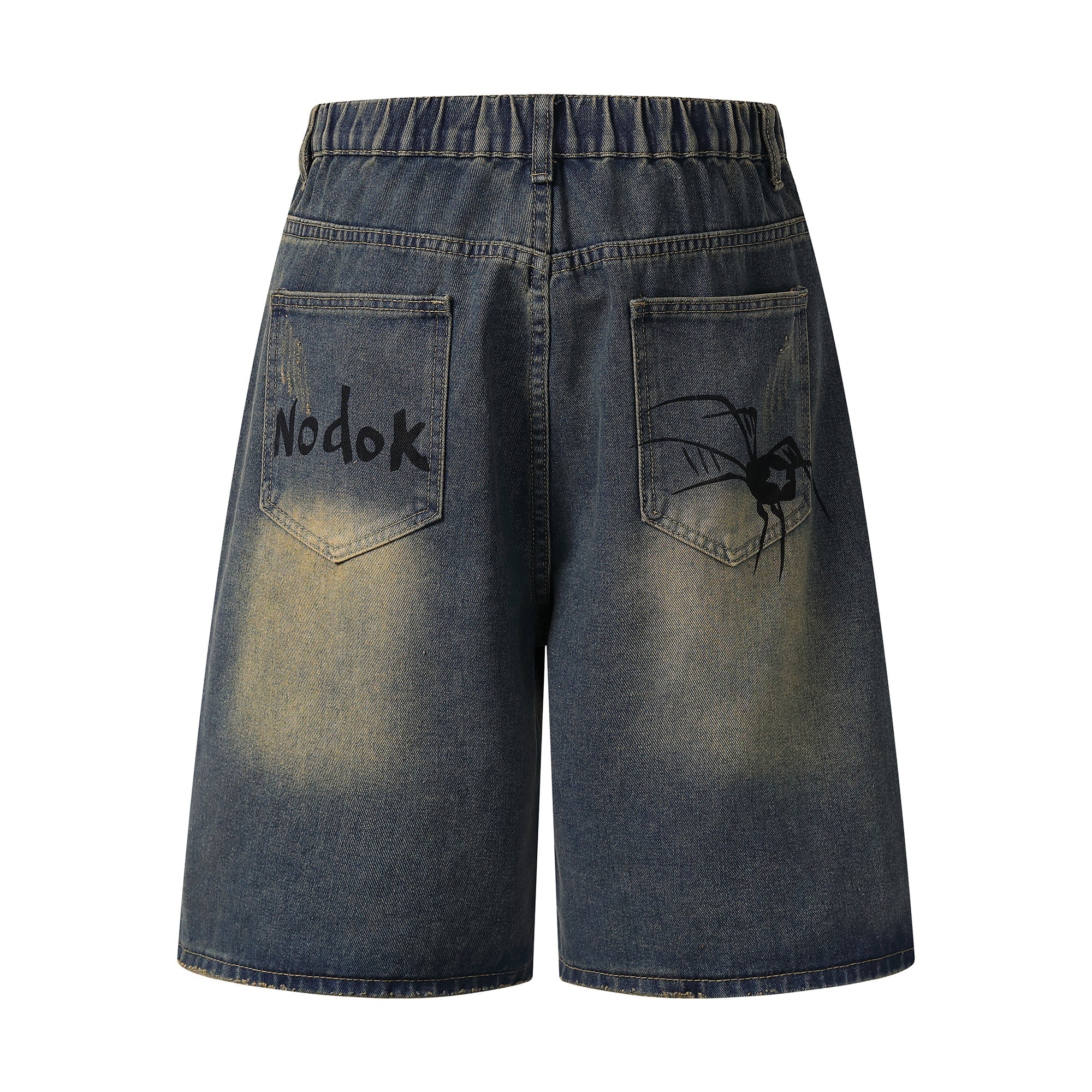 STARRVAINT Spiderweb Graphic Wide-Leg Denim Shorts