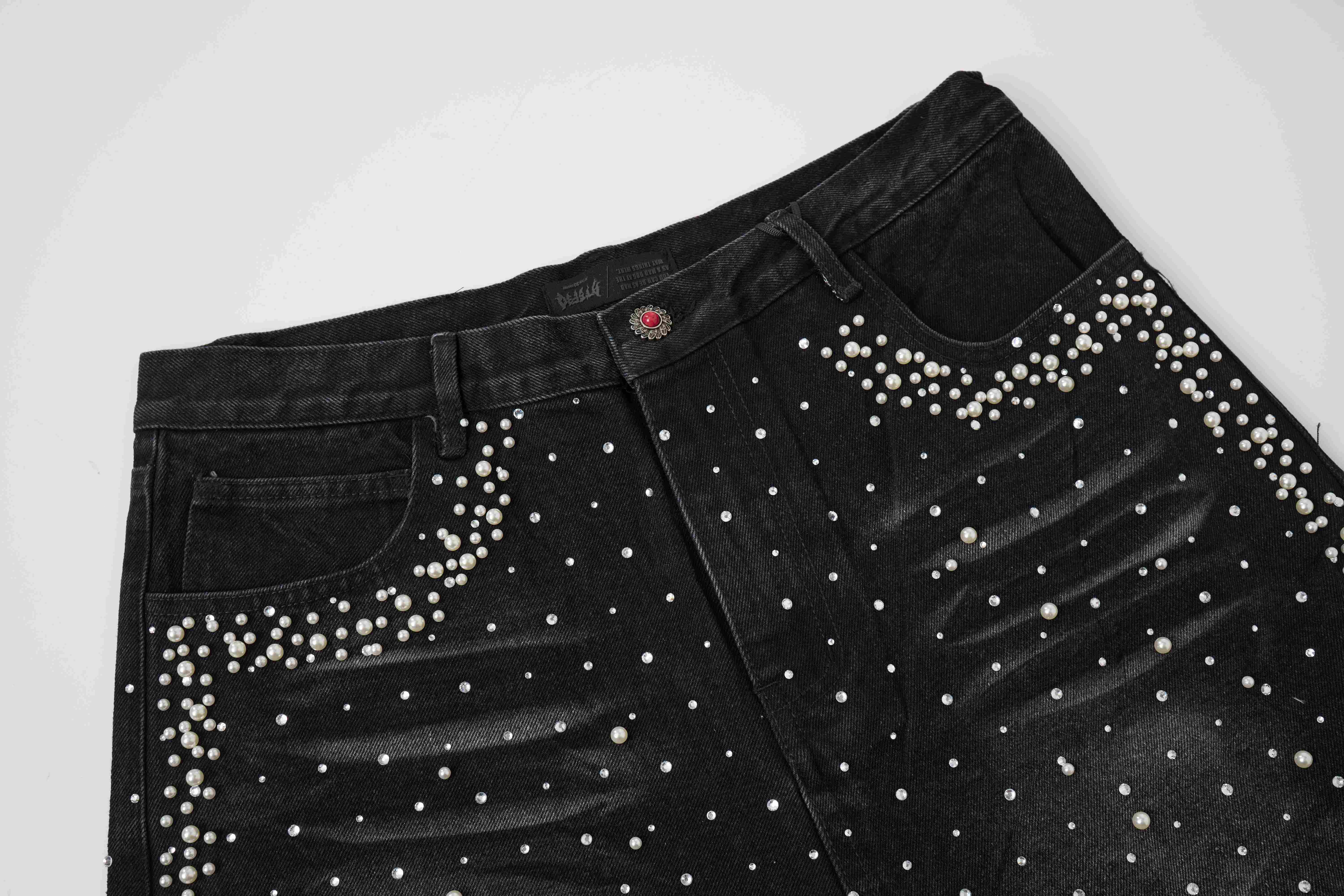 STARRVAINT Pearl Studded Denim Shorts