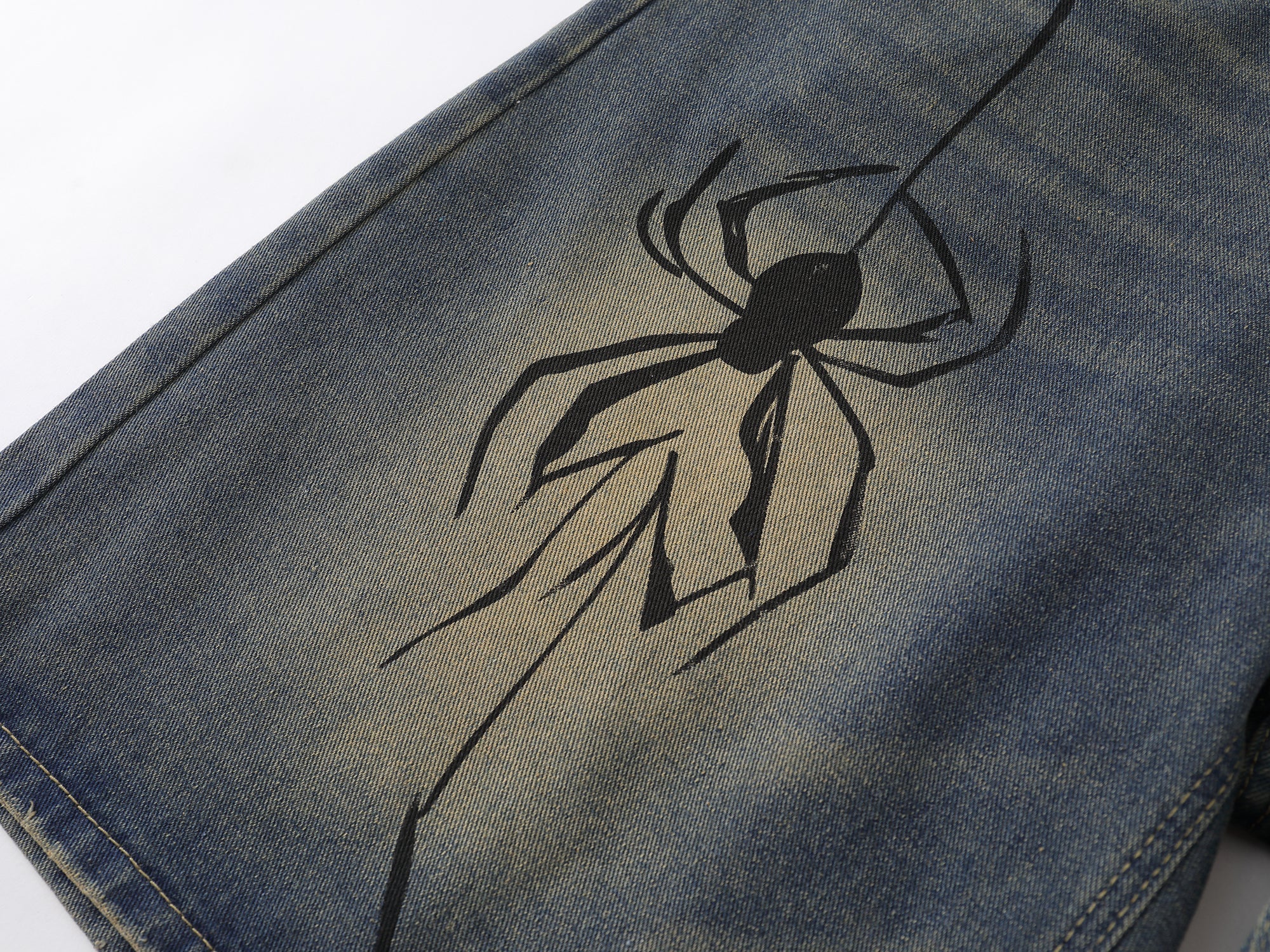 STARRVAINT Spiderweb Graphic Wide-Leg Denim Shorts