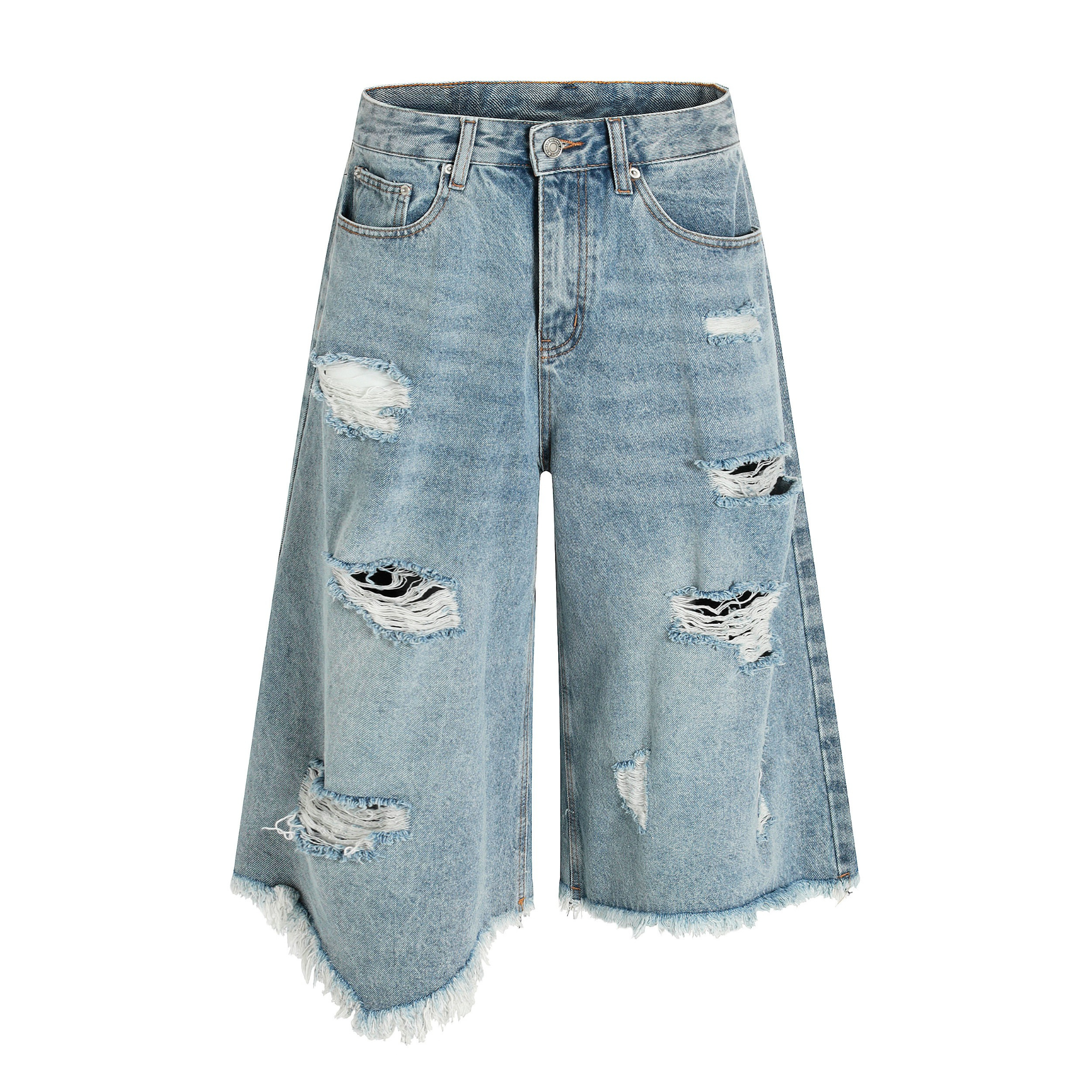 STARRVAINT Destroyed Fringe Denim Shorts