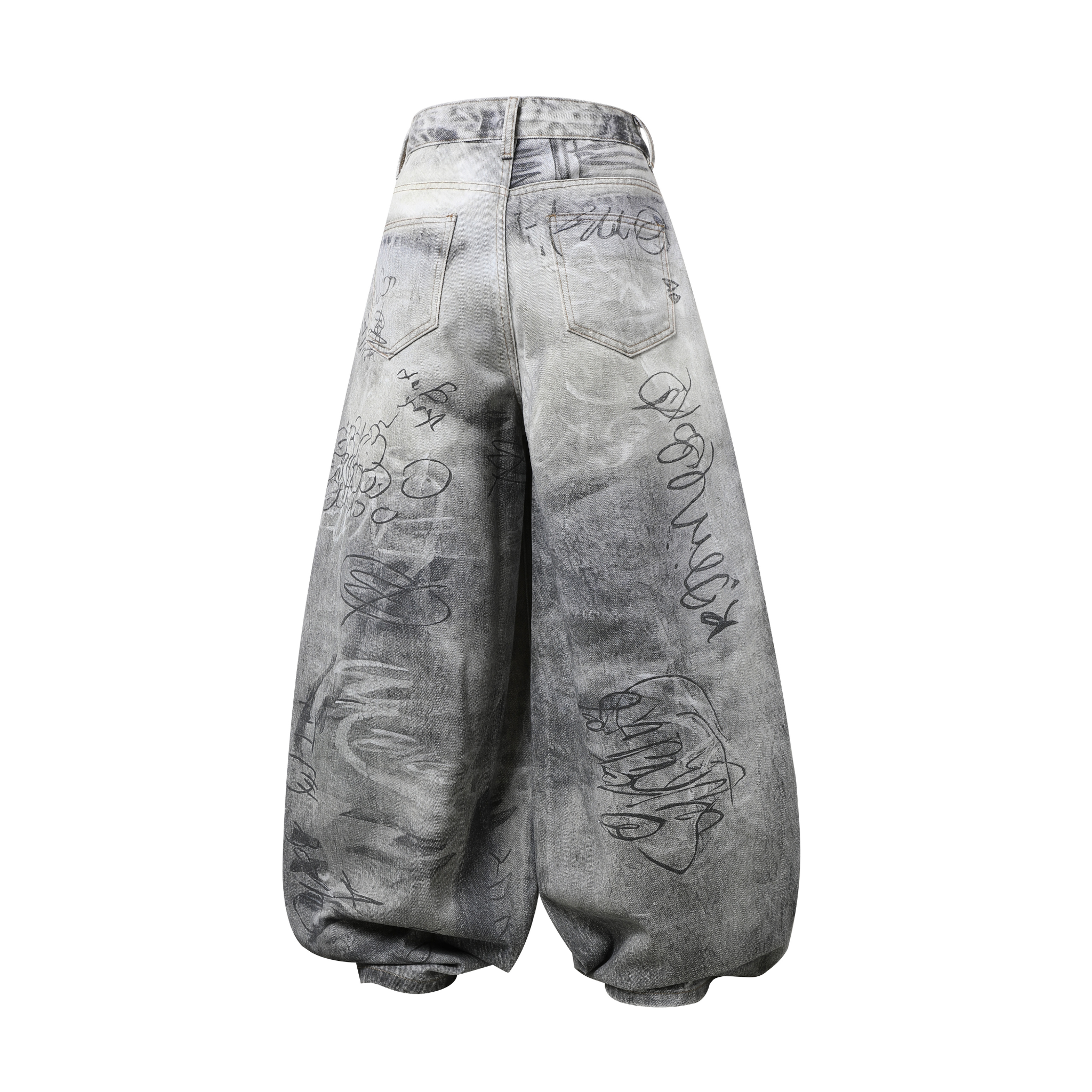 STARRVAINT Graffiti Washed Curved Denim Pants