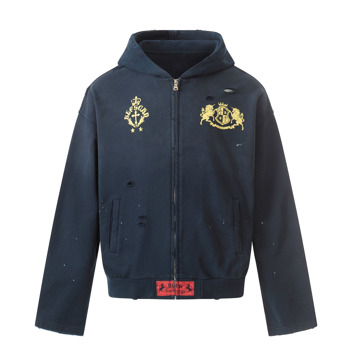 STARRVAINT Distressed Crest Zip-Up Hoodie