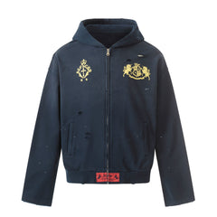 STARRVAINT Distressed Crest Zip-Up Hoodie