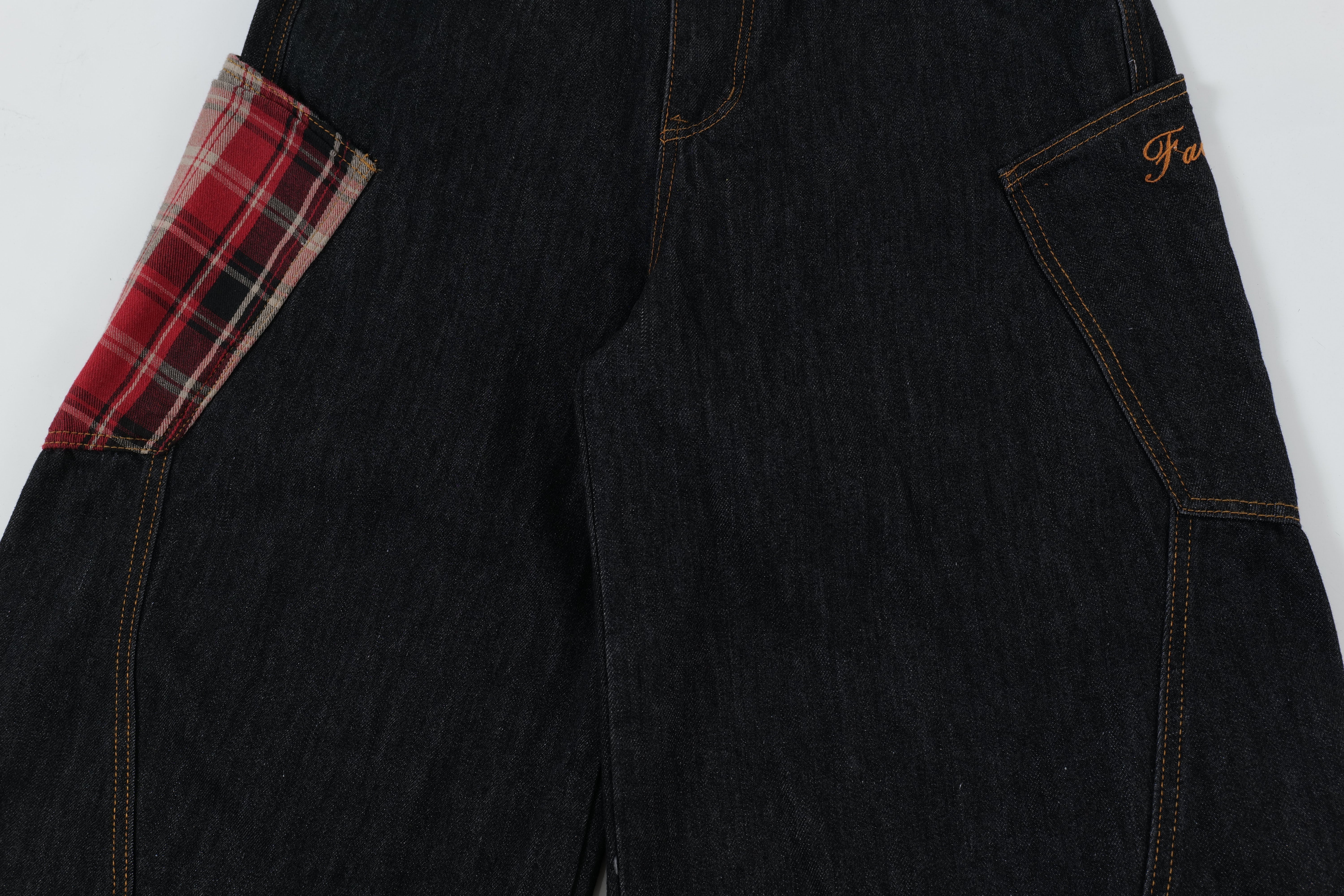 STARRVAINT Red Plaid Patch Curved Denim Pants