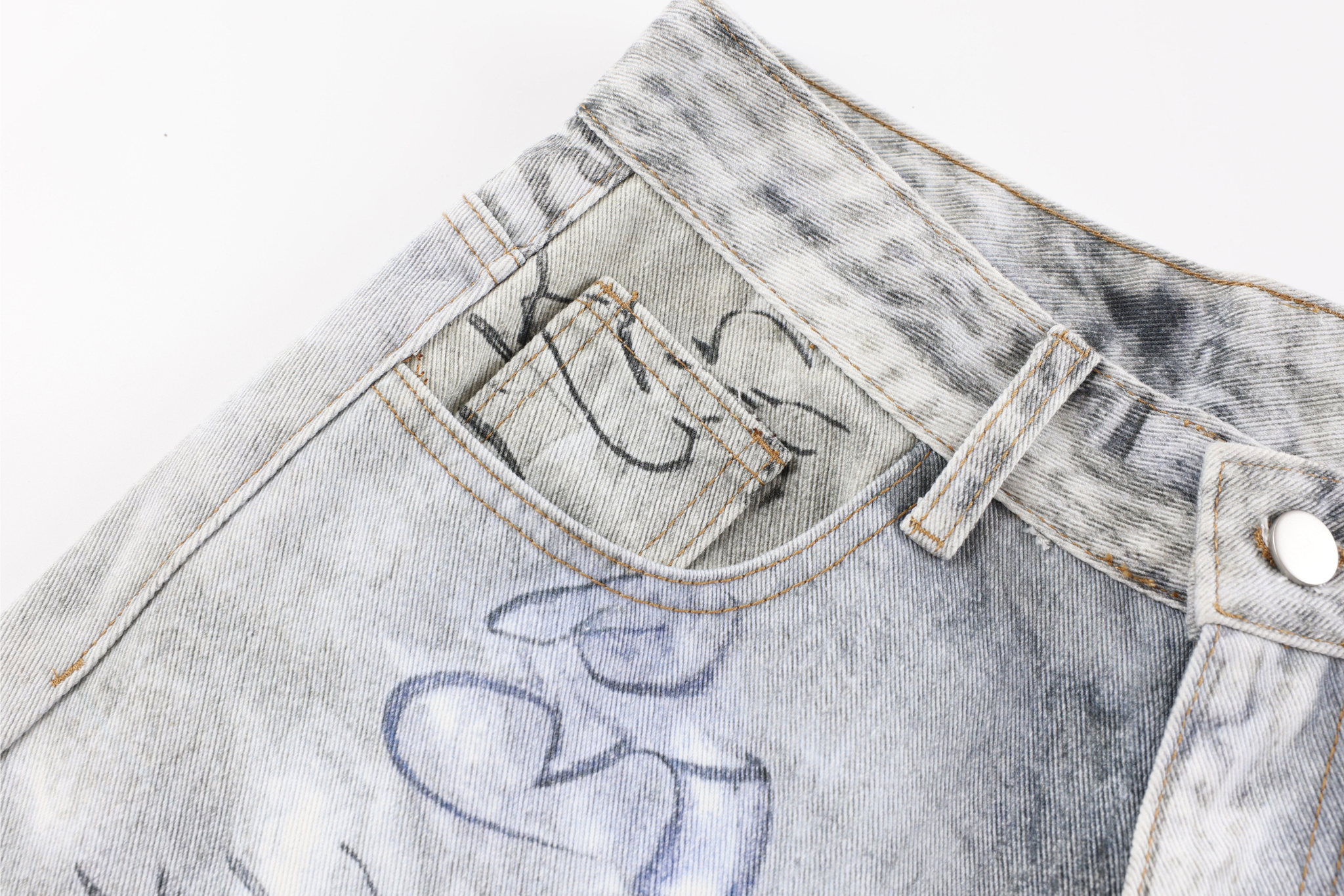 STARRVAINT Graffiti Washed Curved Denim Pants