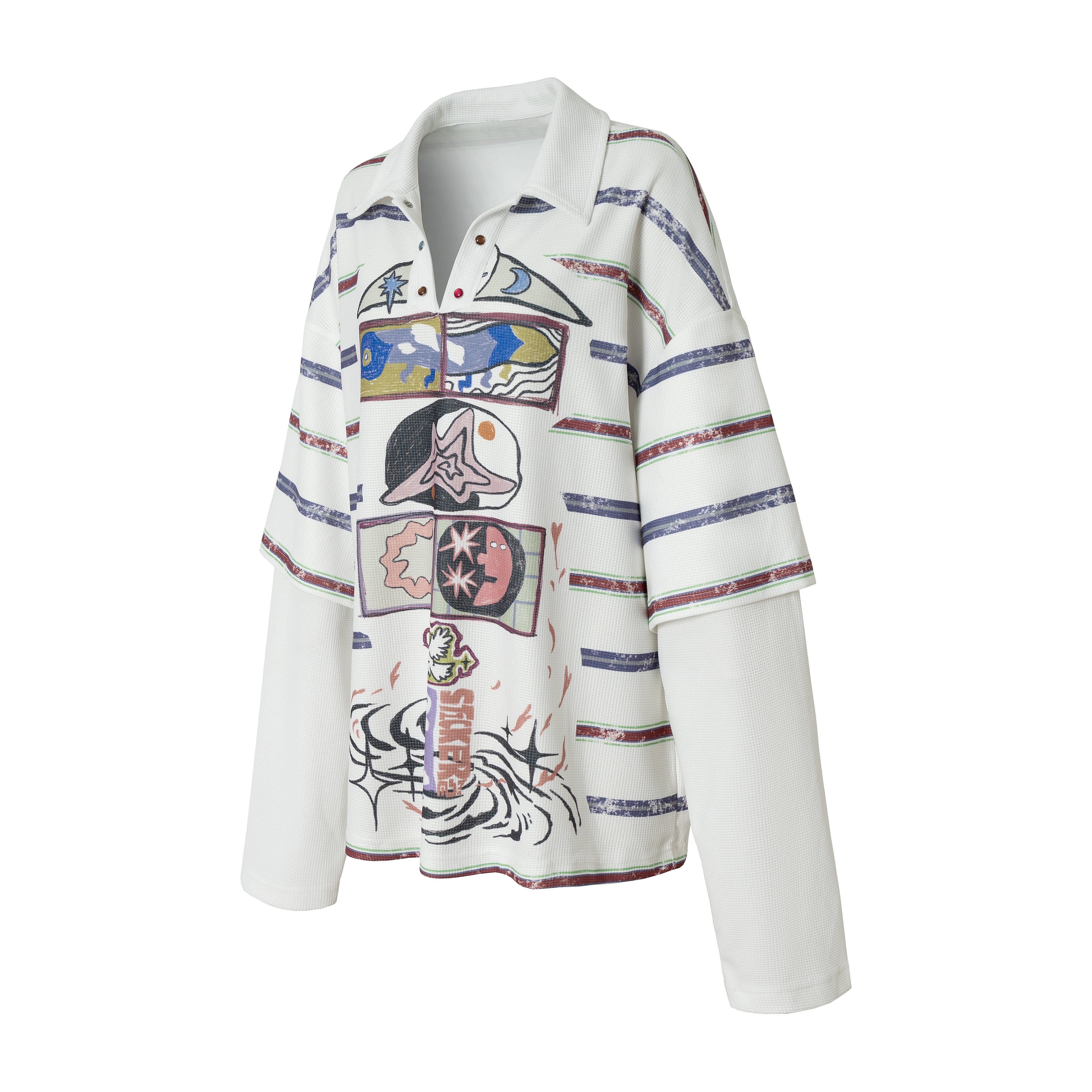 STARRVAINT Abstract Stripe Long-Sleeve Polo Shirt