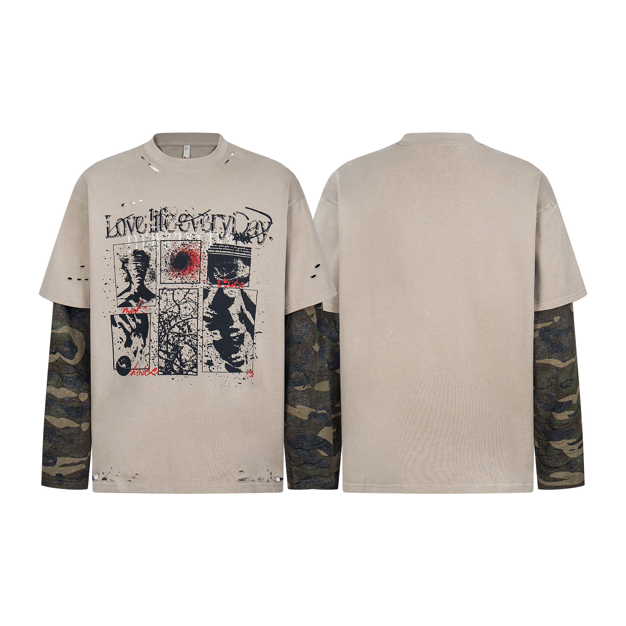 STARRVAINT Layered Camo-Sleeve Distressed Graphic Tee