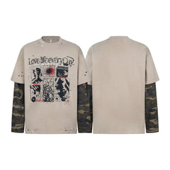 STARRVAINT Layered Camo-Sleeve Distressed Graphic Tee