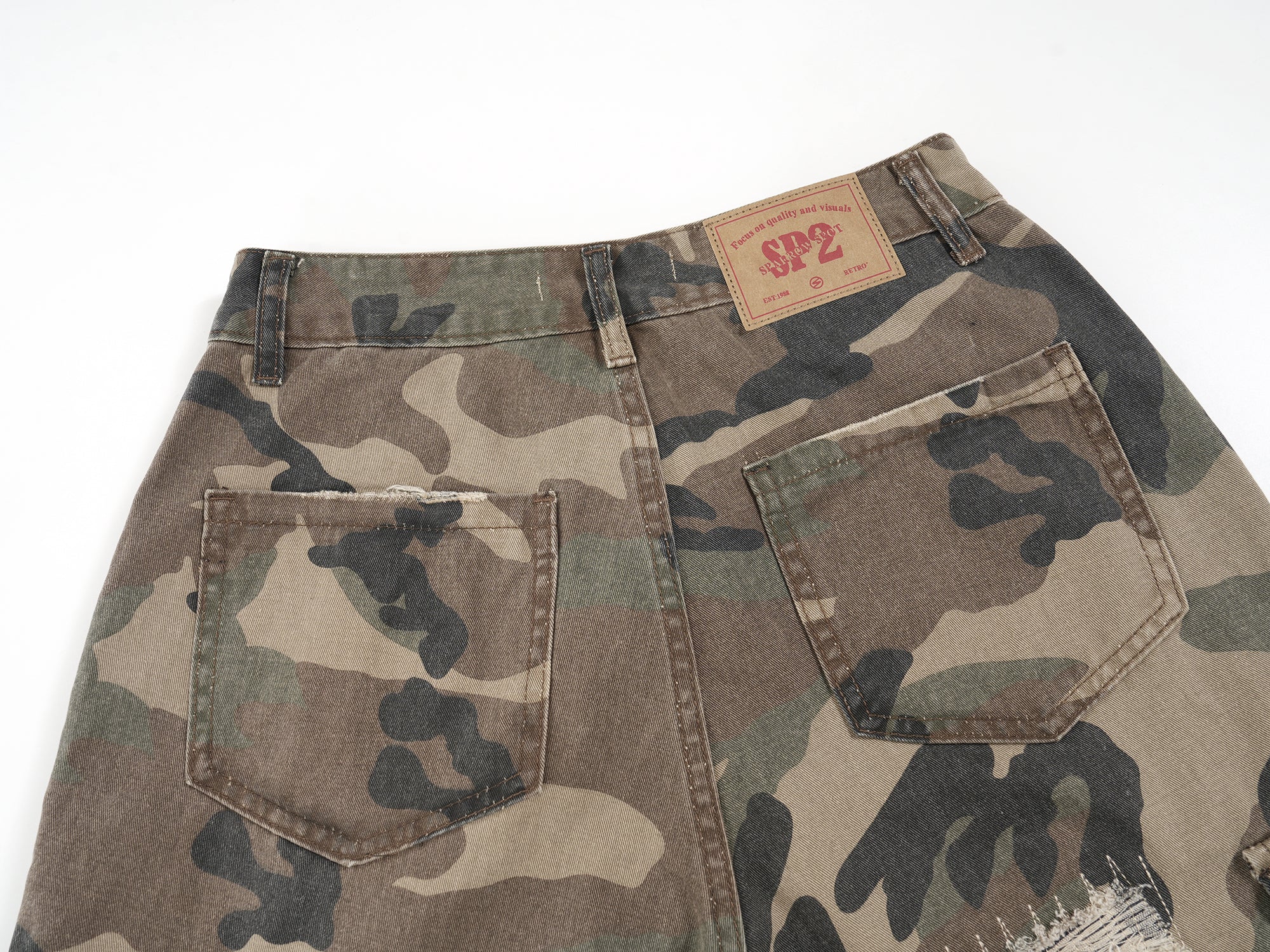 STARRVAINT Distressed Camo Cargo Shorts