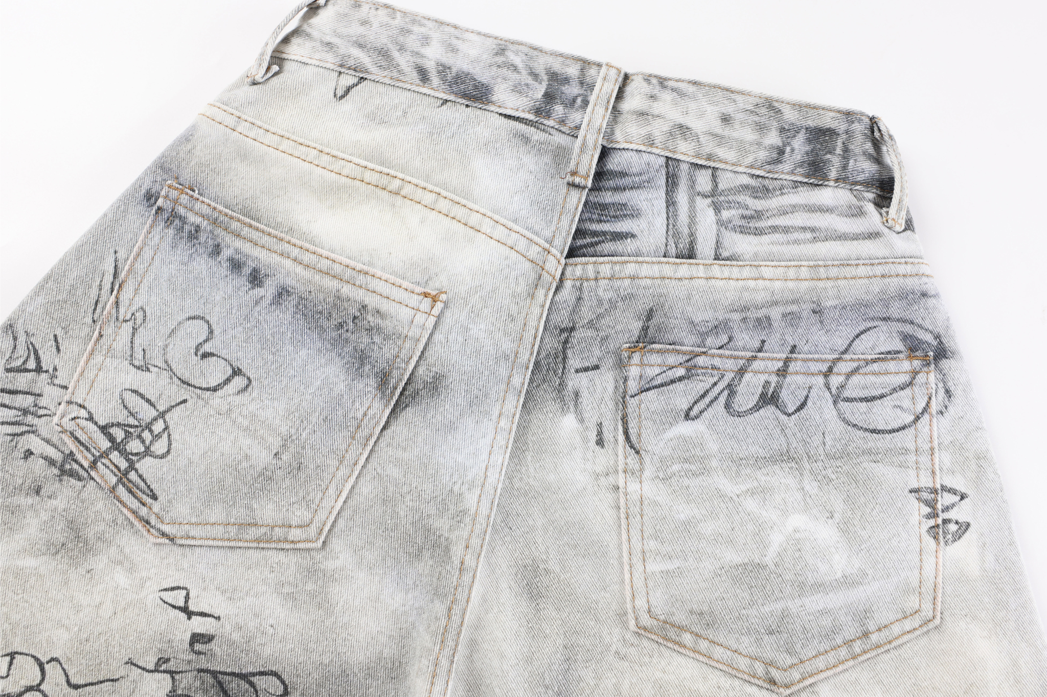 STARRVAINT Graffiti Washed Curved Denim Pants