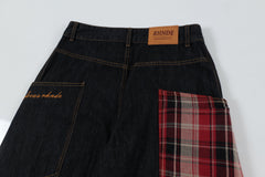 STARRVAINT Red Plaid Patch Curved Denim Pants