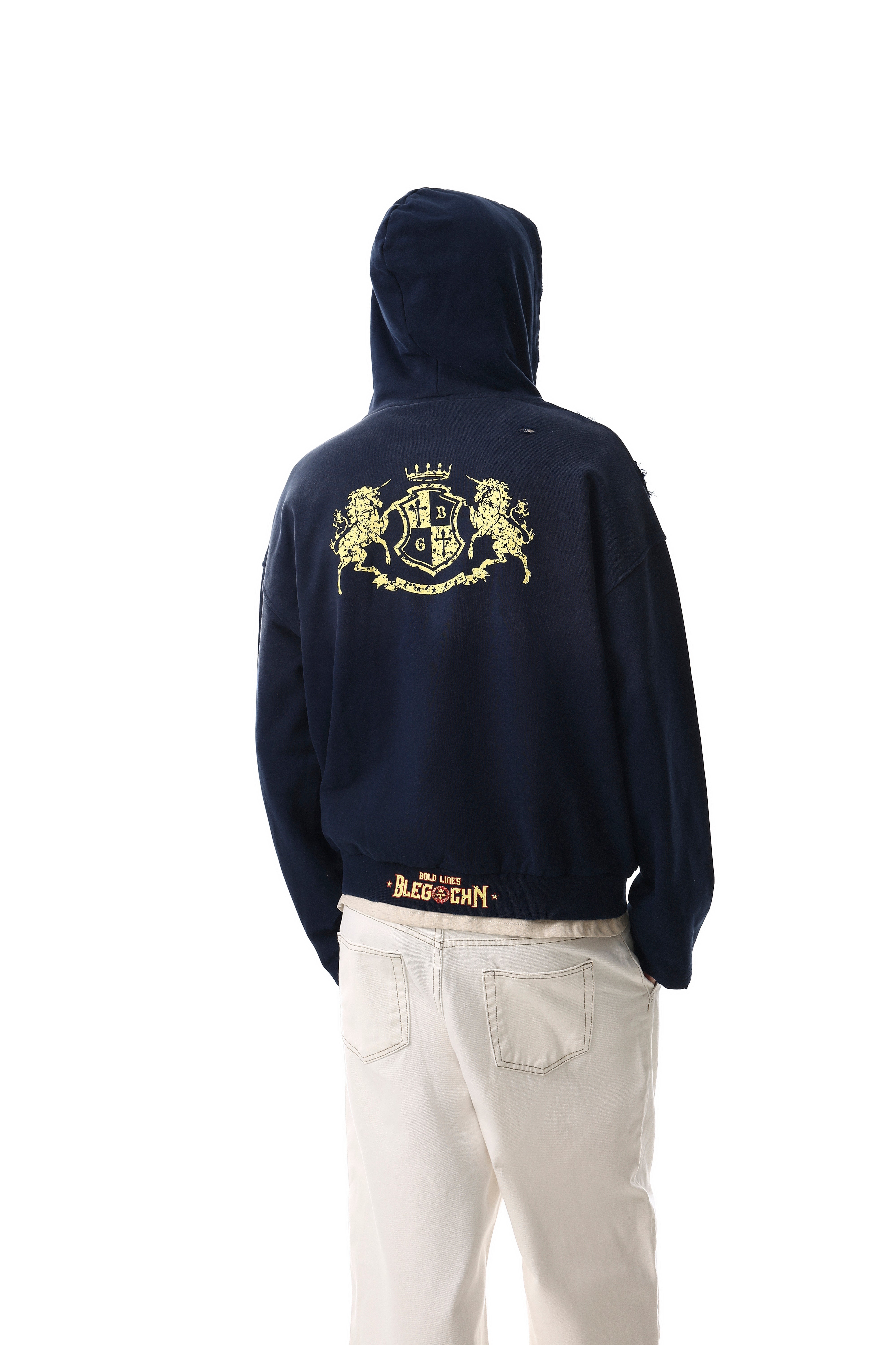 STARRVAINT Distressed Crest Zip-Up Hoodie