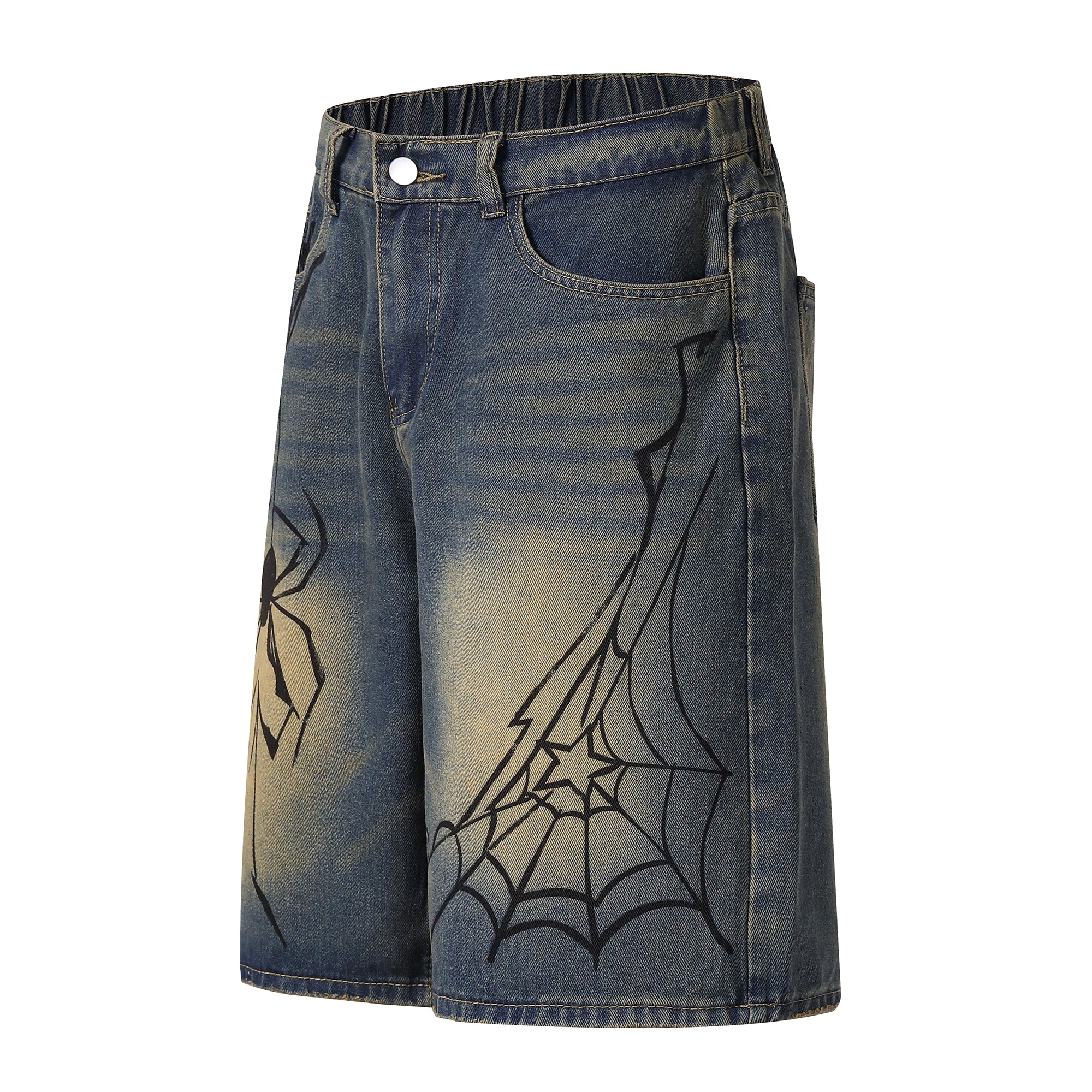 STARRVAINT Spiderweb Graphic Wide-Leg Denim Shorts
