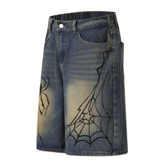 STARRVAINT Spiderweb Graphic Wide-Leg Denim Shorts