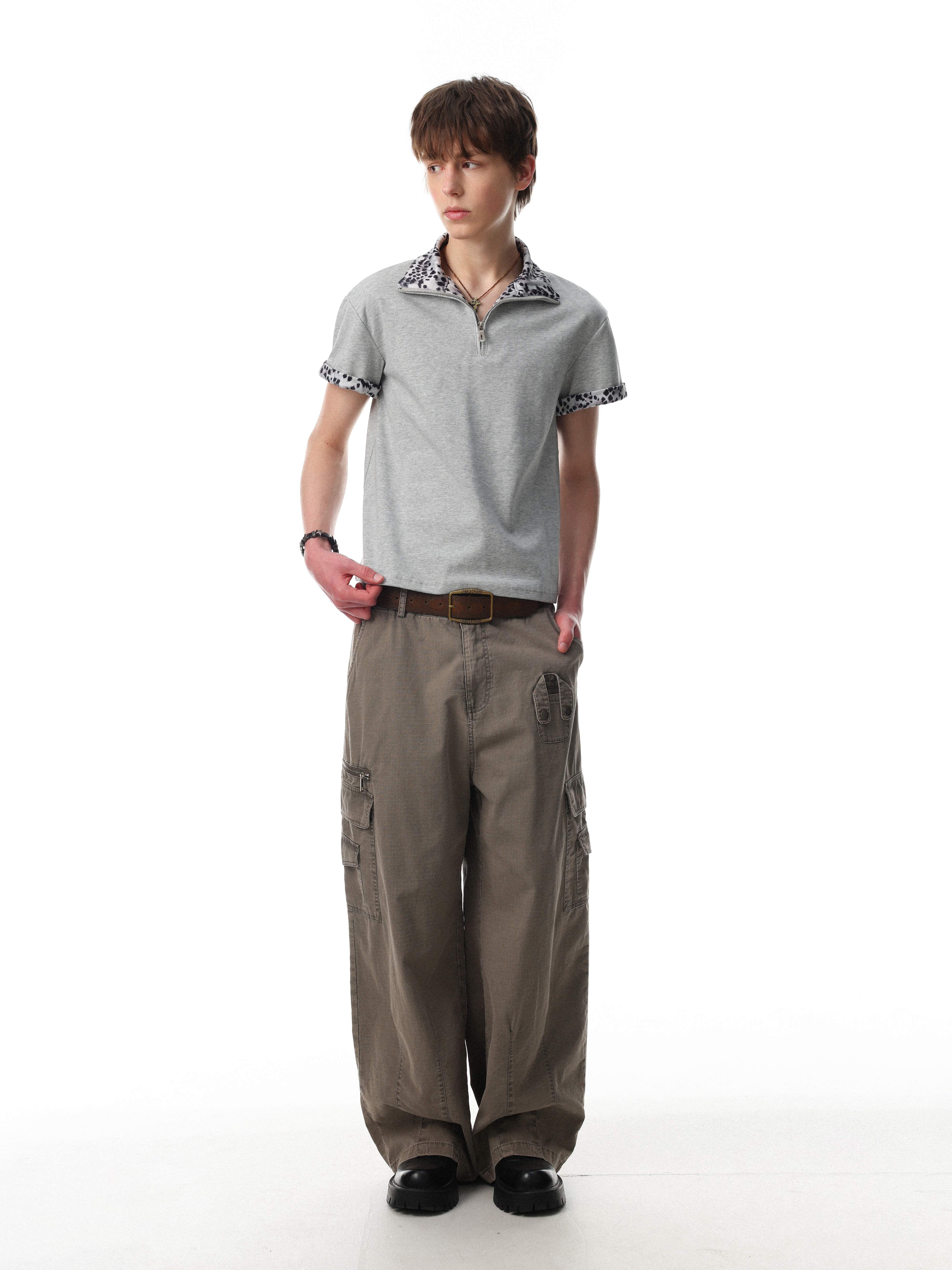STARRVAINT “Leopard Trim Zip Polo”