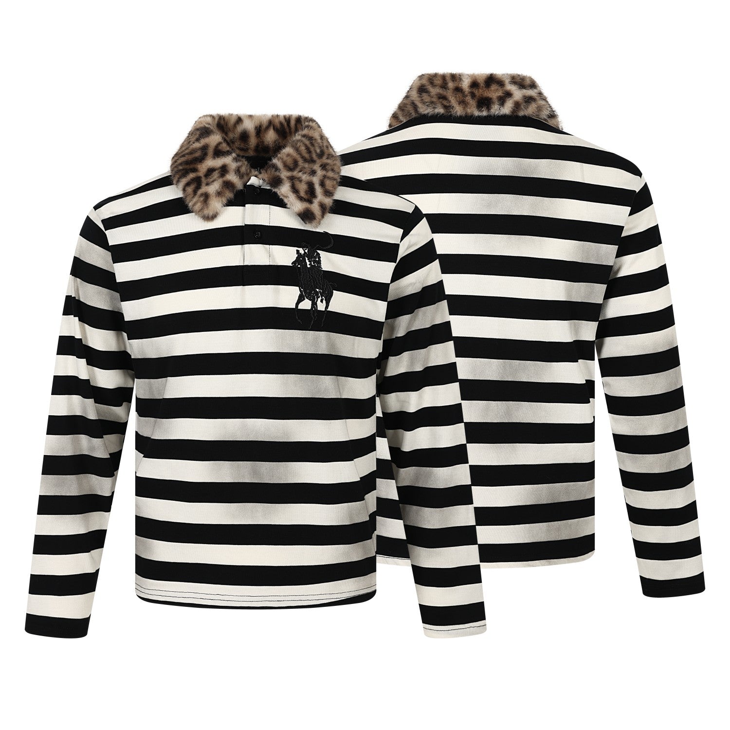 STARRVAINT Leopard Collar Stripe Polo Tee