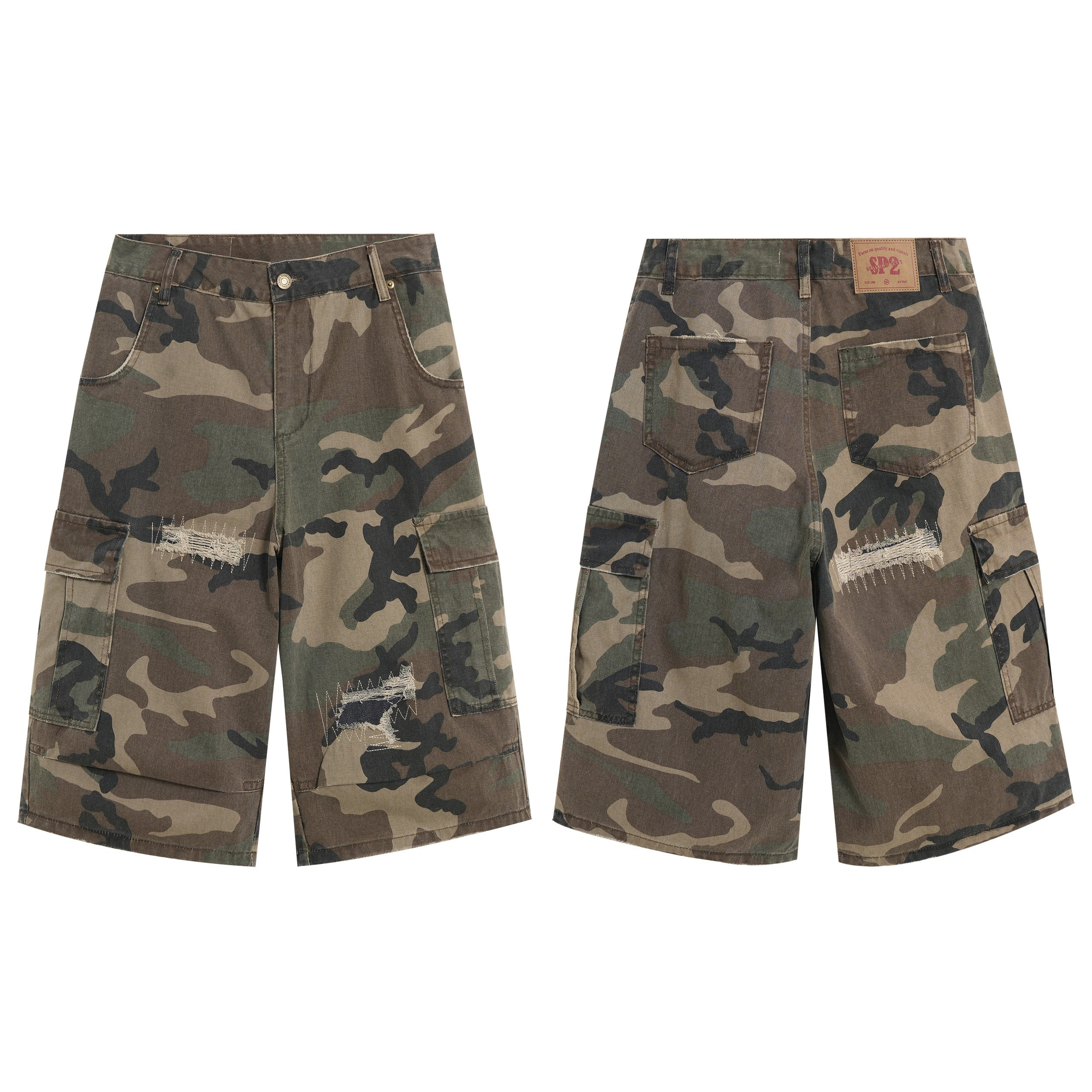 STARRVAINT Distressed Camo Cargo Shorts