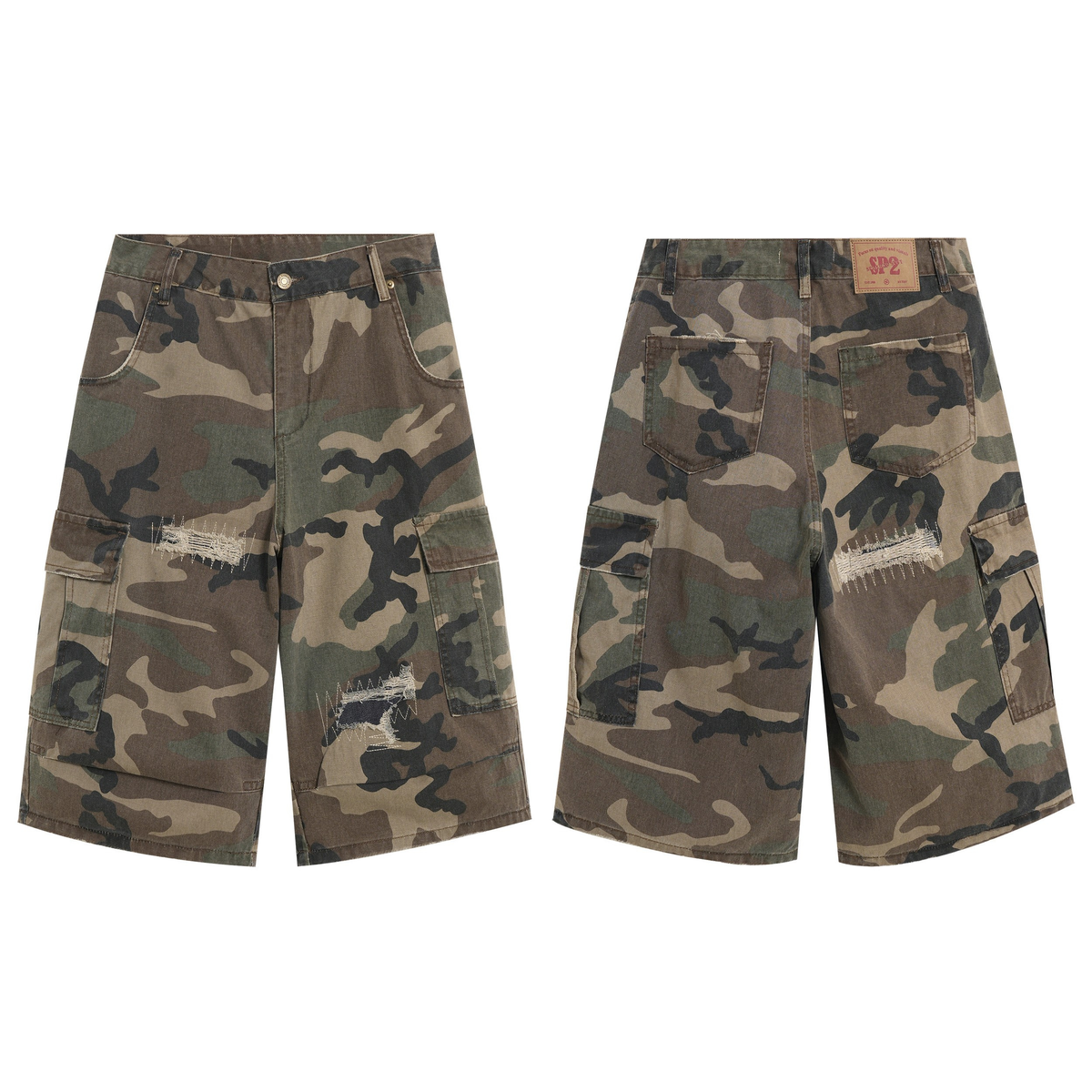 STARRVAINT Distressed Camo Cargo Shorts