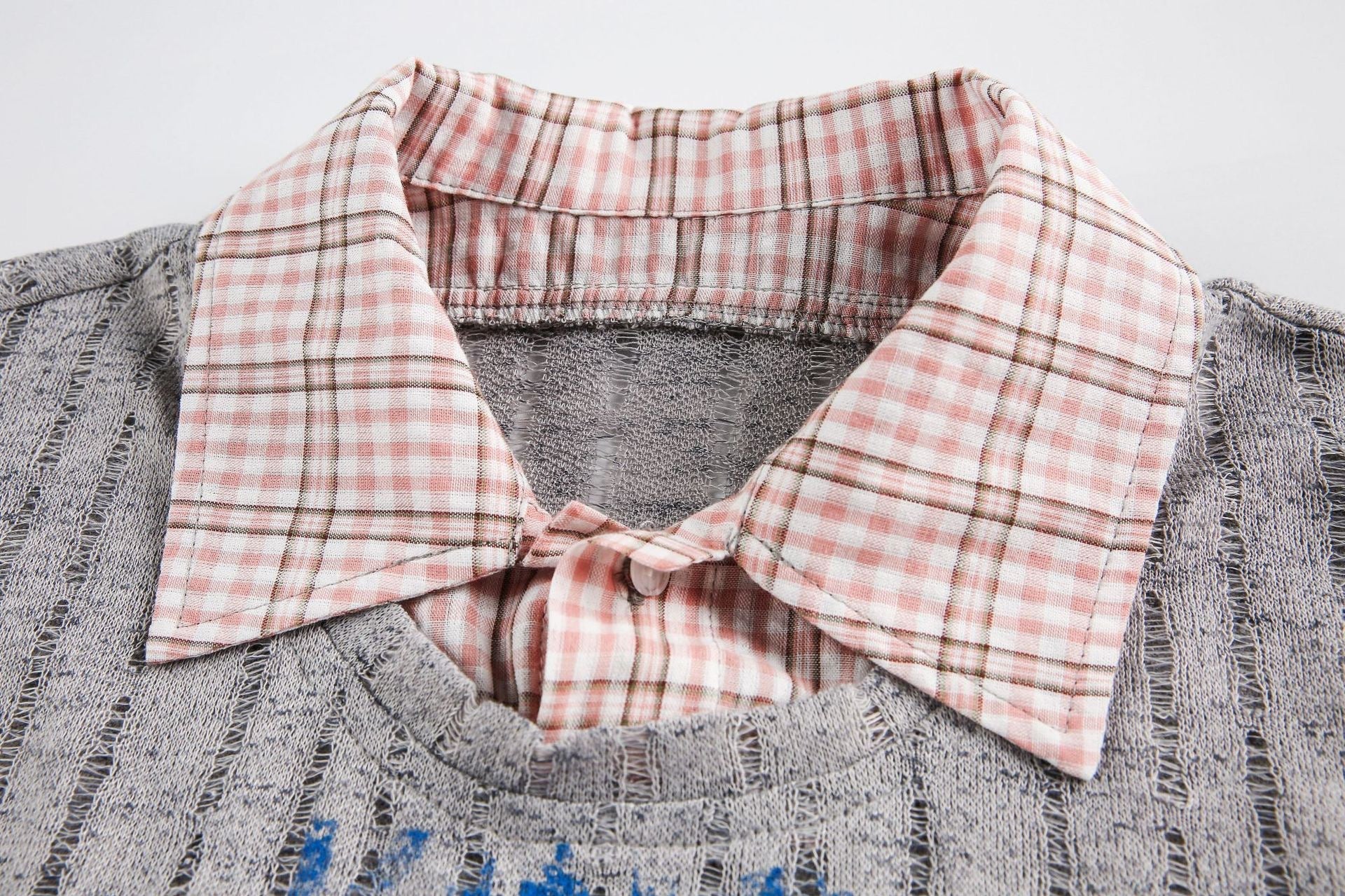 STARRVAINT Plaid Collar Mesh Tee