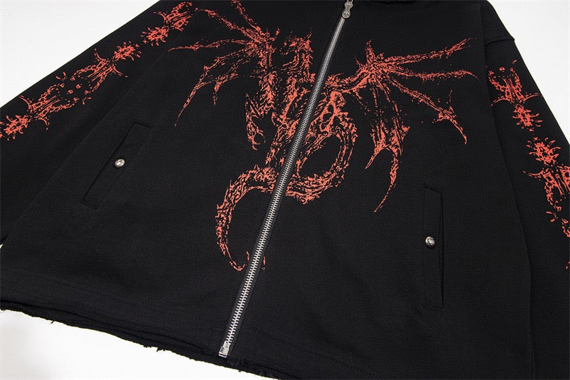 STARRVAINT Gothic Dragon Graphic Zip-Up Hoodie