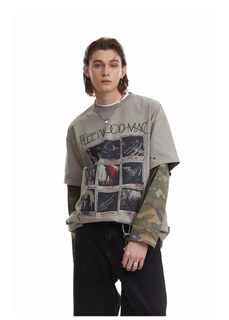 STARRVAINT Layered Camo-Sleeve Distressed Tee