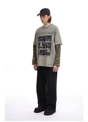 STARRVAINT Layered Camo-Sleeve Distressed Tee