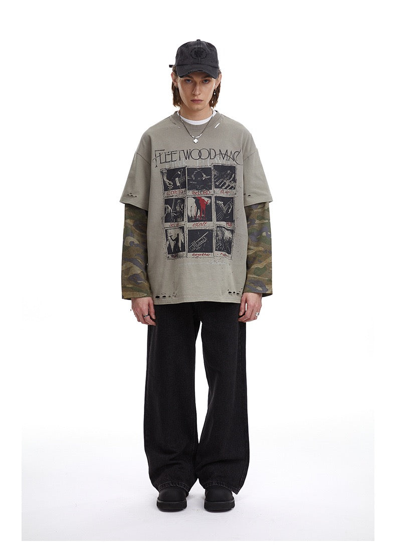 STARRVAINT Layered Camo-Sleeve Distressed Tee