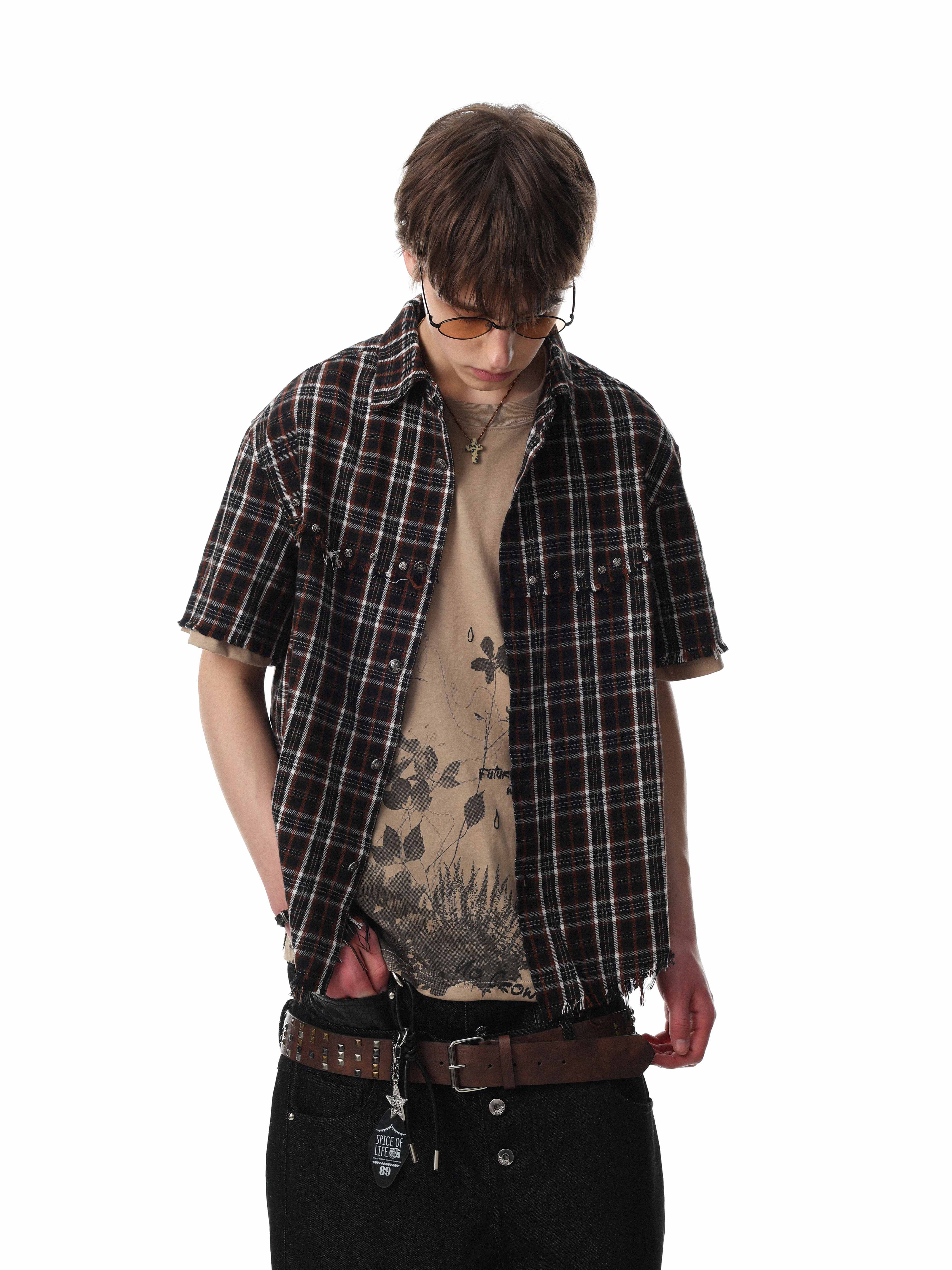 STARRVAINT “Distressed Plaid Short Sleeve Shirt”