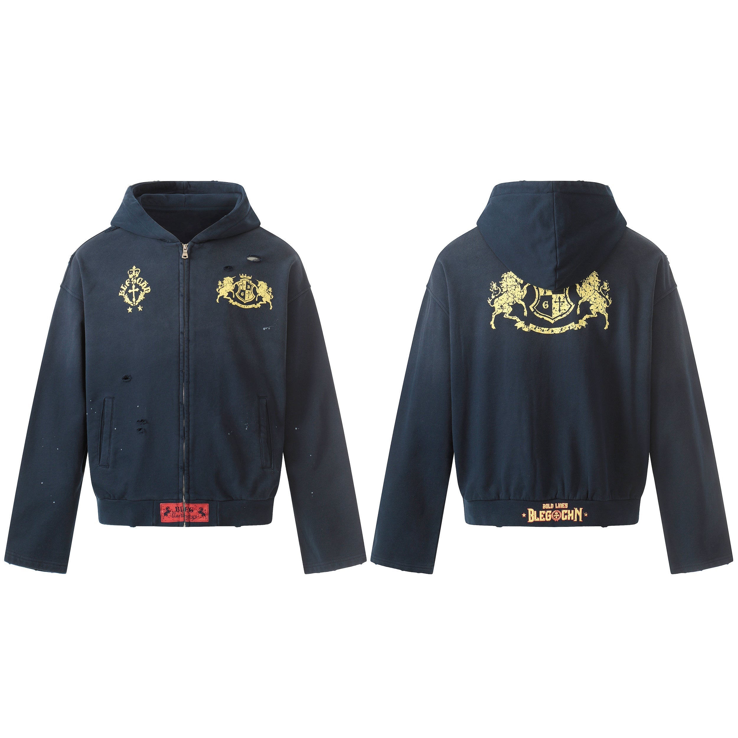 STARRVAINT Distressed Crest Zip-Up Hoodie