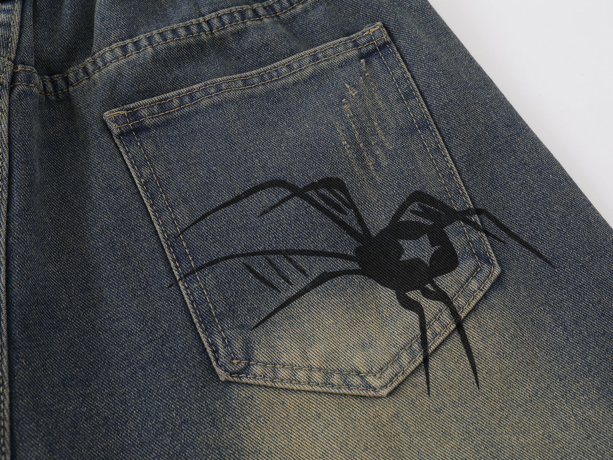 STARRVAINT Spiderweb Graphic Wide-Leg Denim Shorts