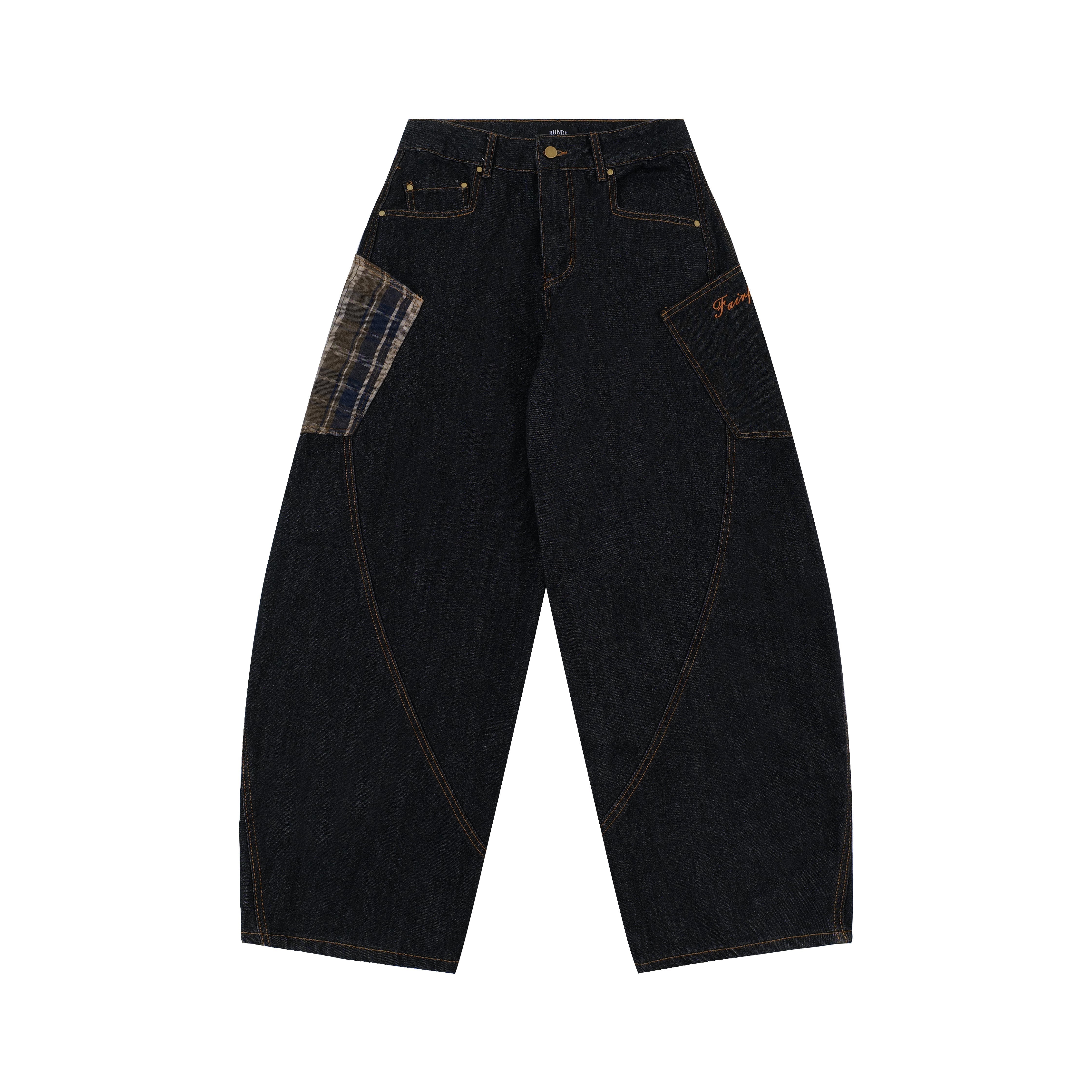 STARRVAINT Plaid Patch Curved Denim Pants