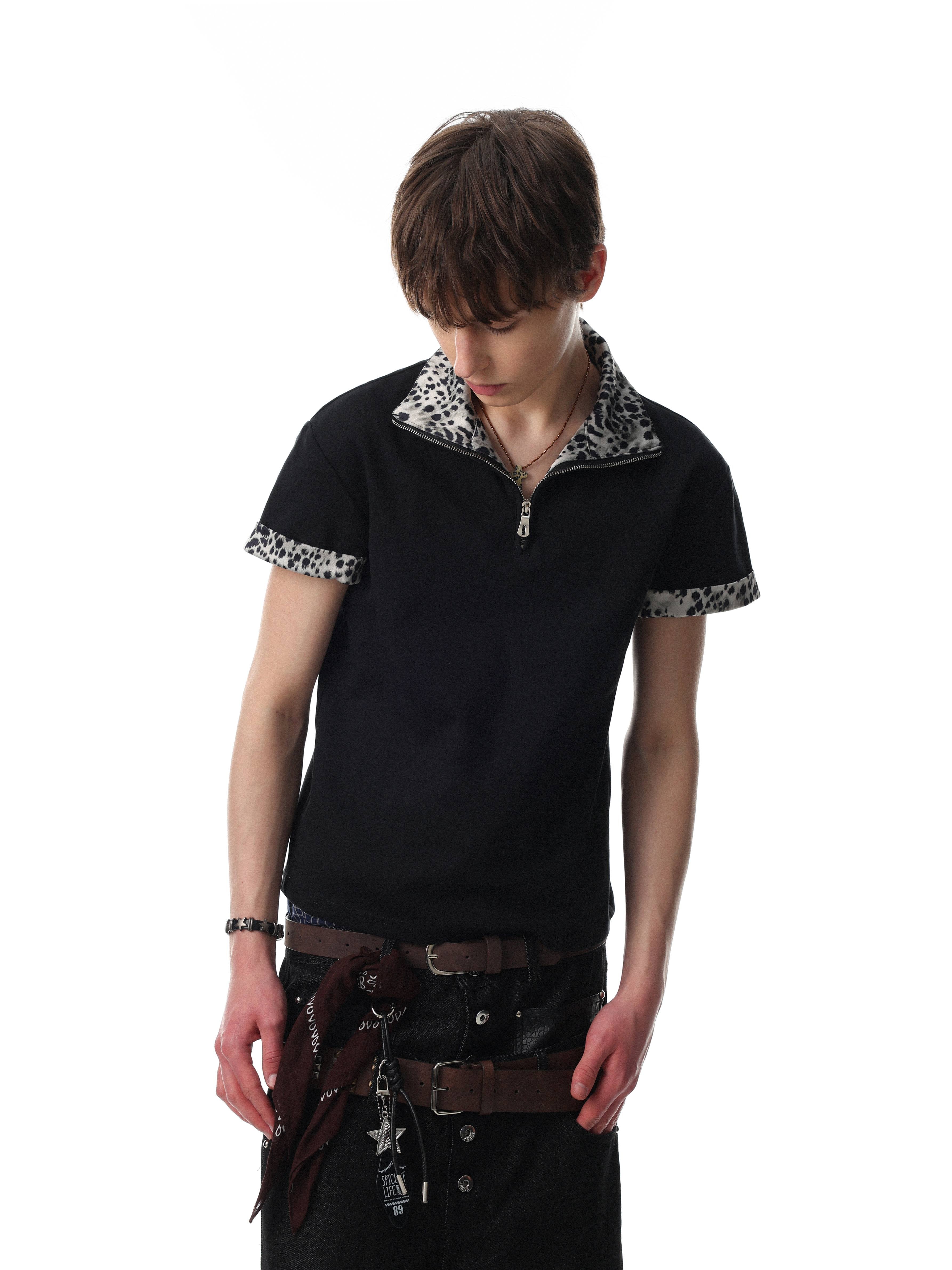 STARRVAINT “Leopard Trim Zip Polo”