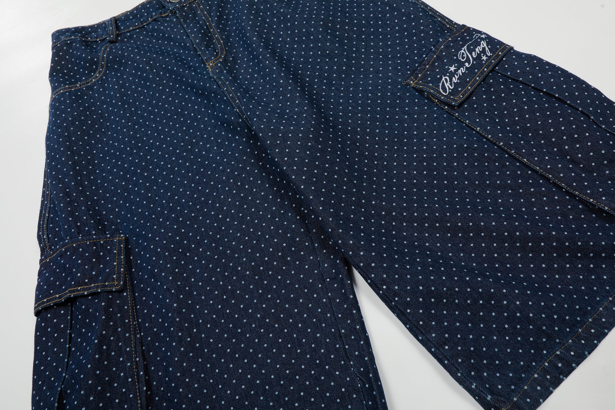STARRVAINT Polka Dot Denim Cargo Shorts