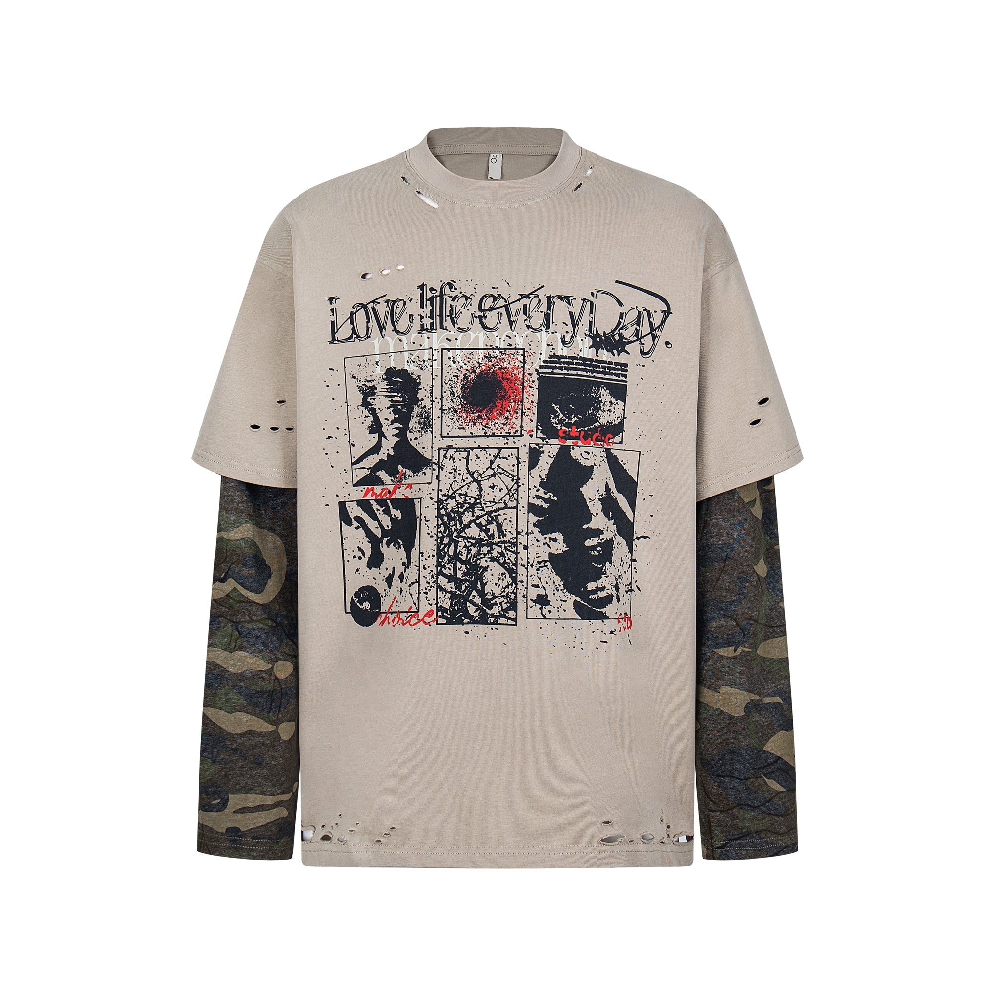 STARRVAINT Layered Camo-Sleeve Distressed Graphic Tee
