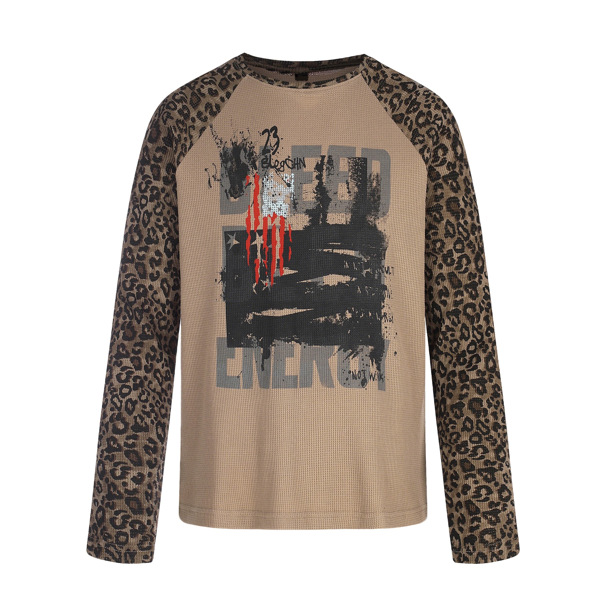 STARRVAINT Leopard Sleeve Graphic Waffle Long Sleeve T-Shirt