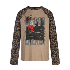 STARRVAINT Leopard Sleeve Graphic Waffle Long Sleeve T-Shirt