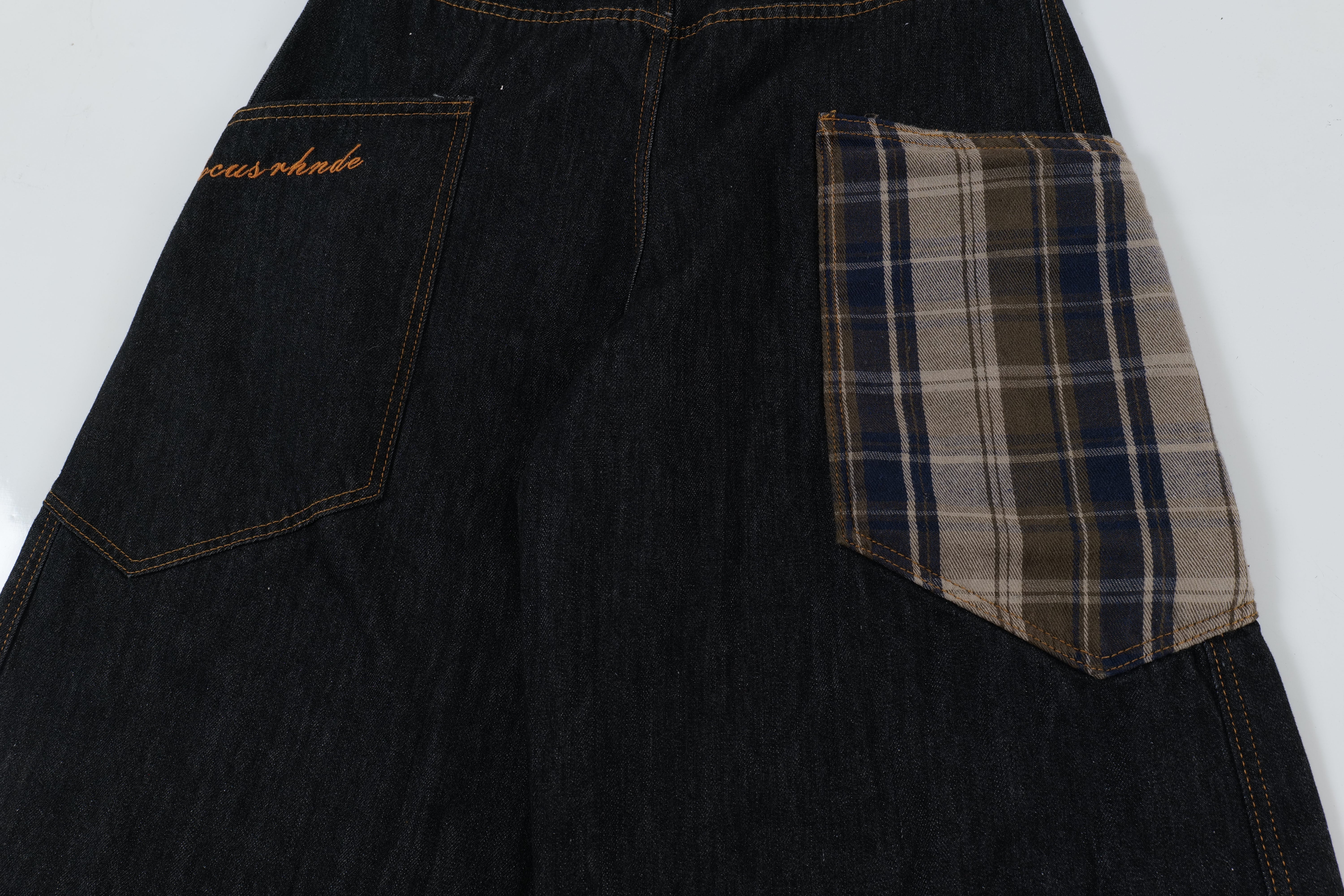 STARRVAINT Plaid Patch Curved Denim Pants