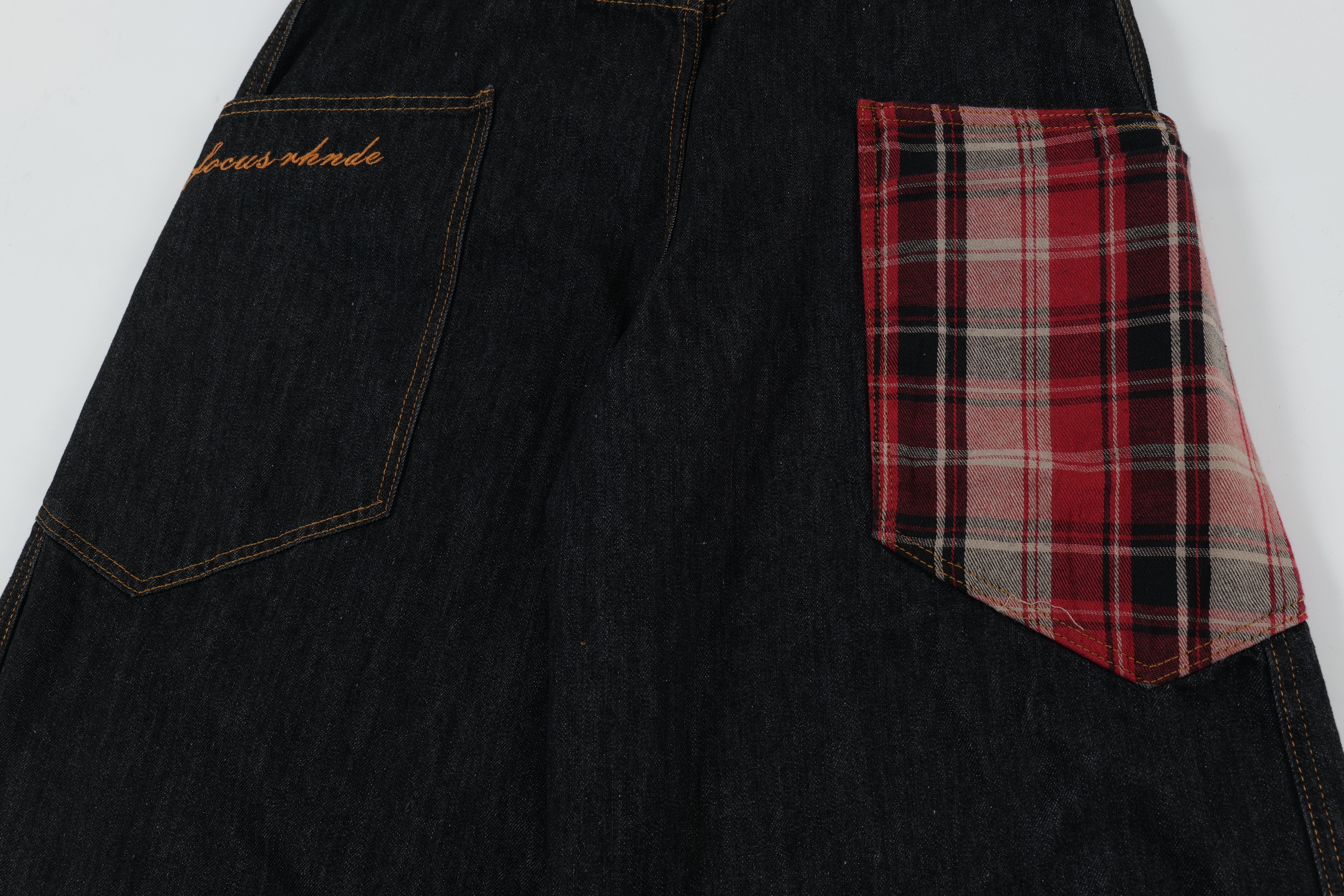 STARRVAINT Red Plaid Patch Curved Denim Pants