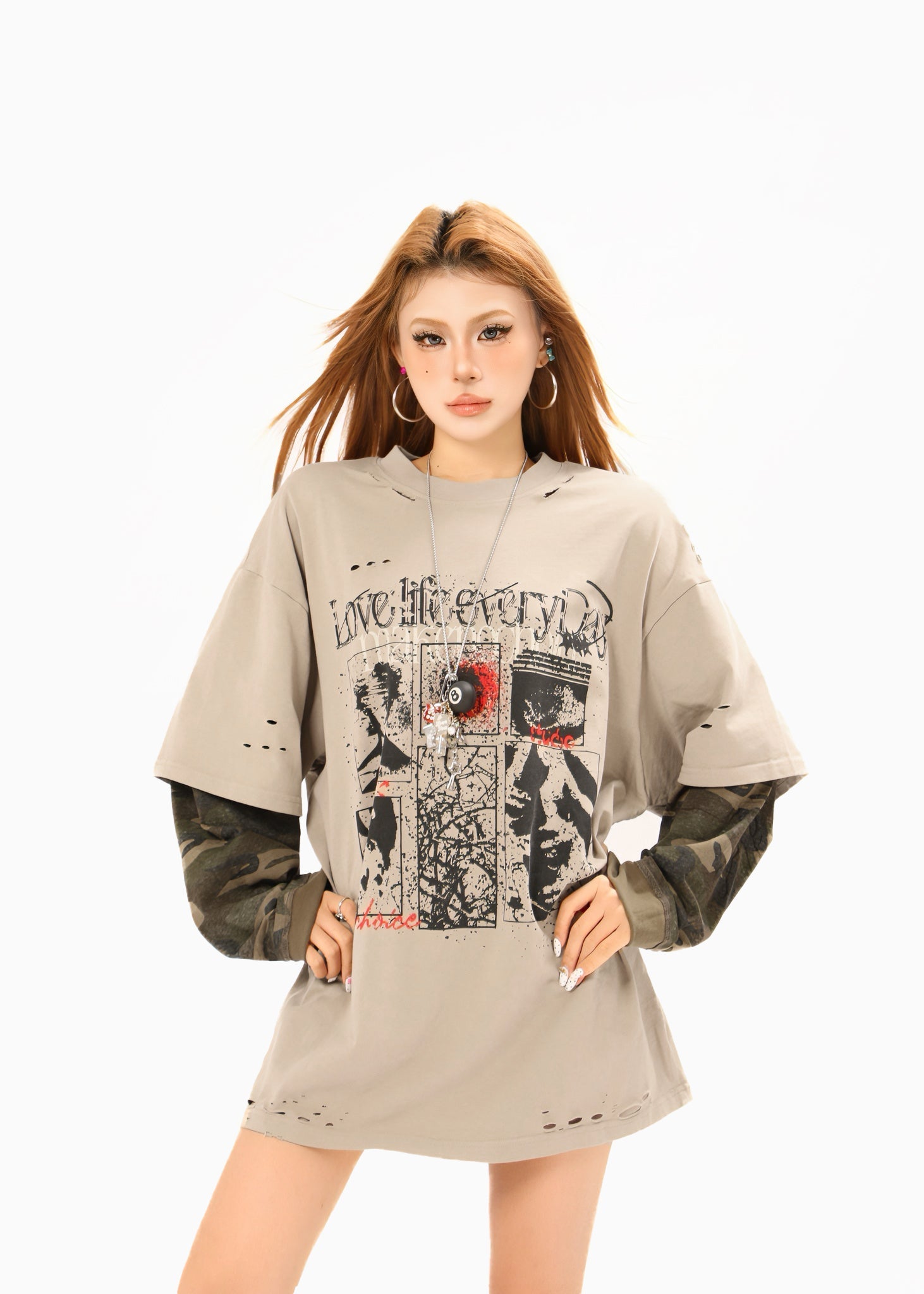 STARRVAINT Layered Camo-Sleeve Distressed Graphic Tee