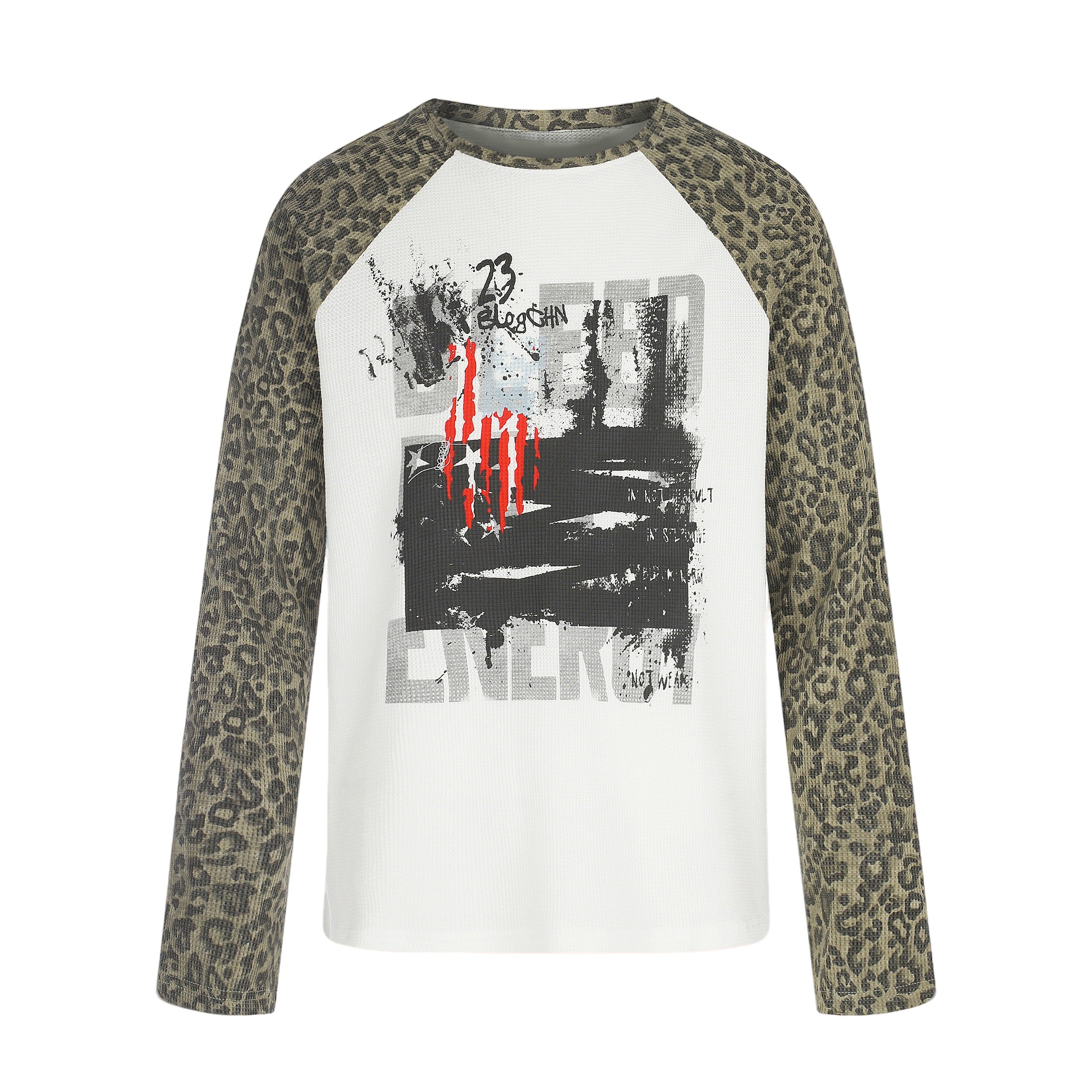 STARRVAINT Leopard Sleeve Graphic Waffle Long Sleeve T-Shirt