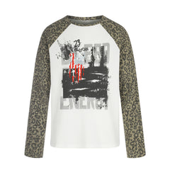 STARRVAINT Leopard Sleeve Graphic Waffle Long Sleeve T-Shirt