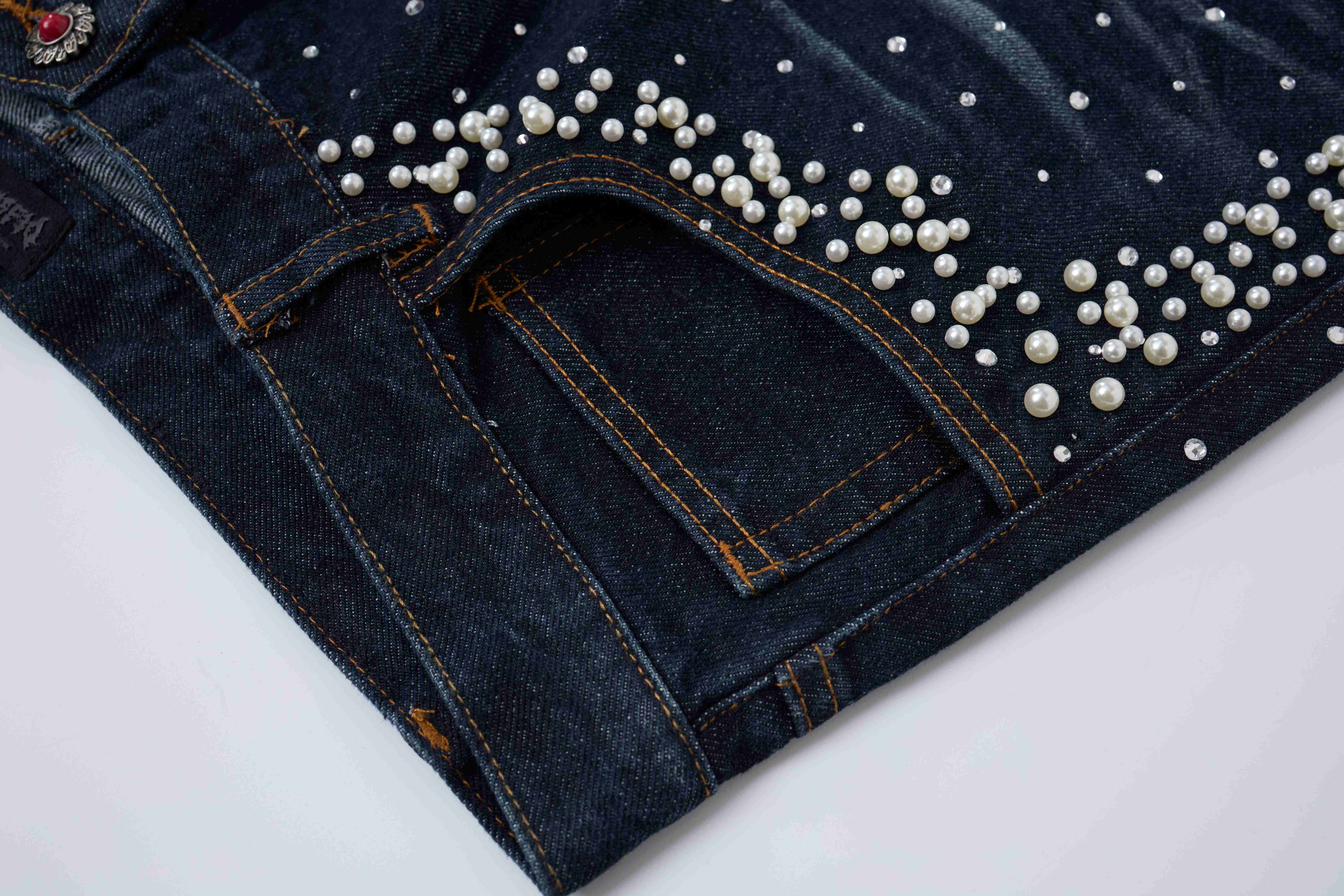 STARRVAINT Pearl Studded Denim Shorts