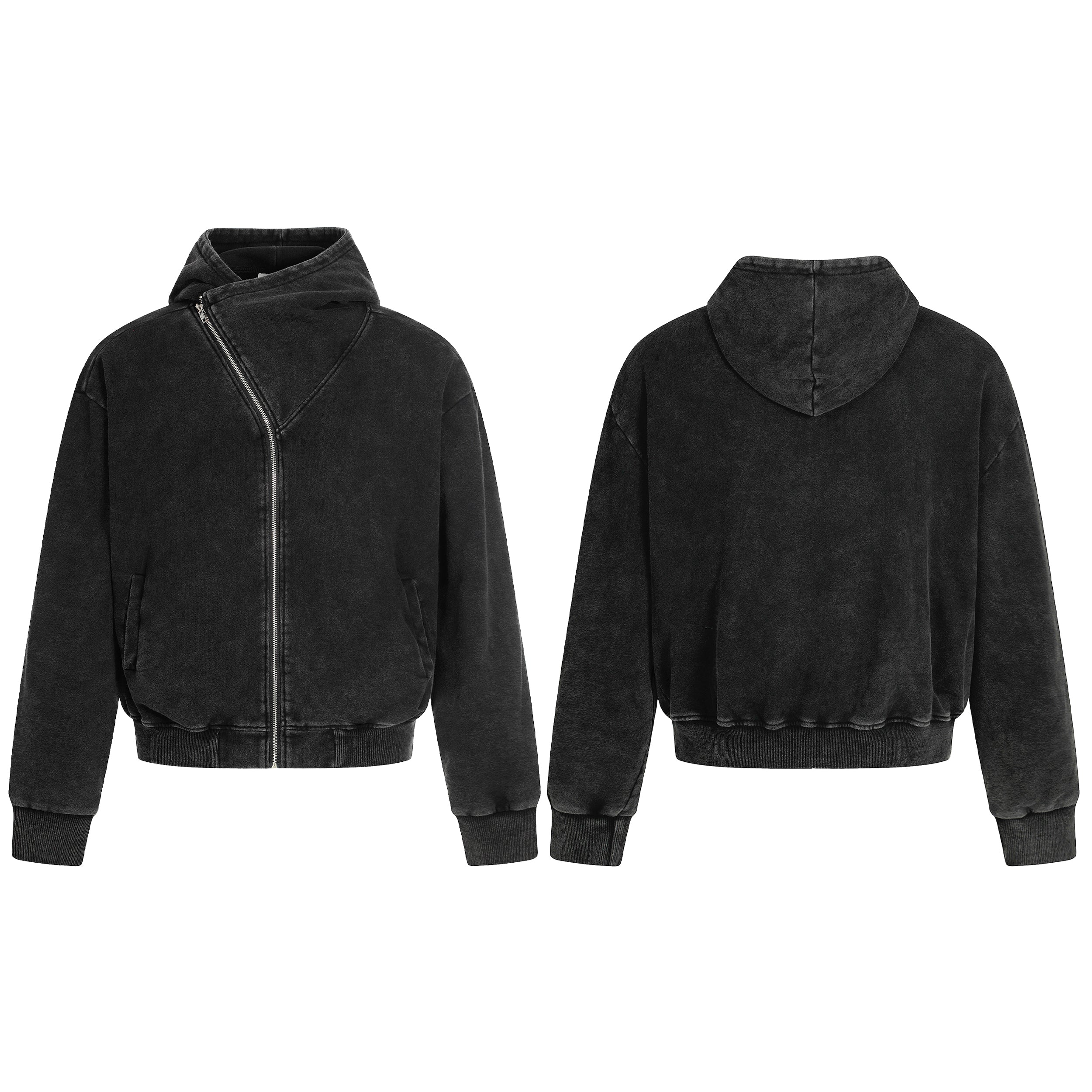 STARRVAINT Asymmetric Zip Washed Hoodie Jacket