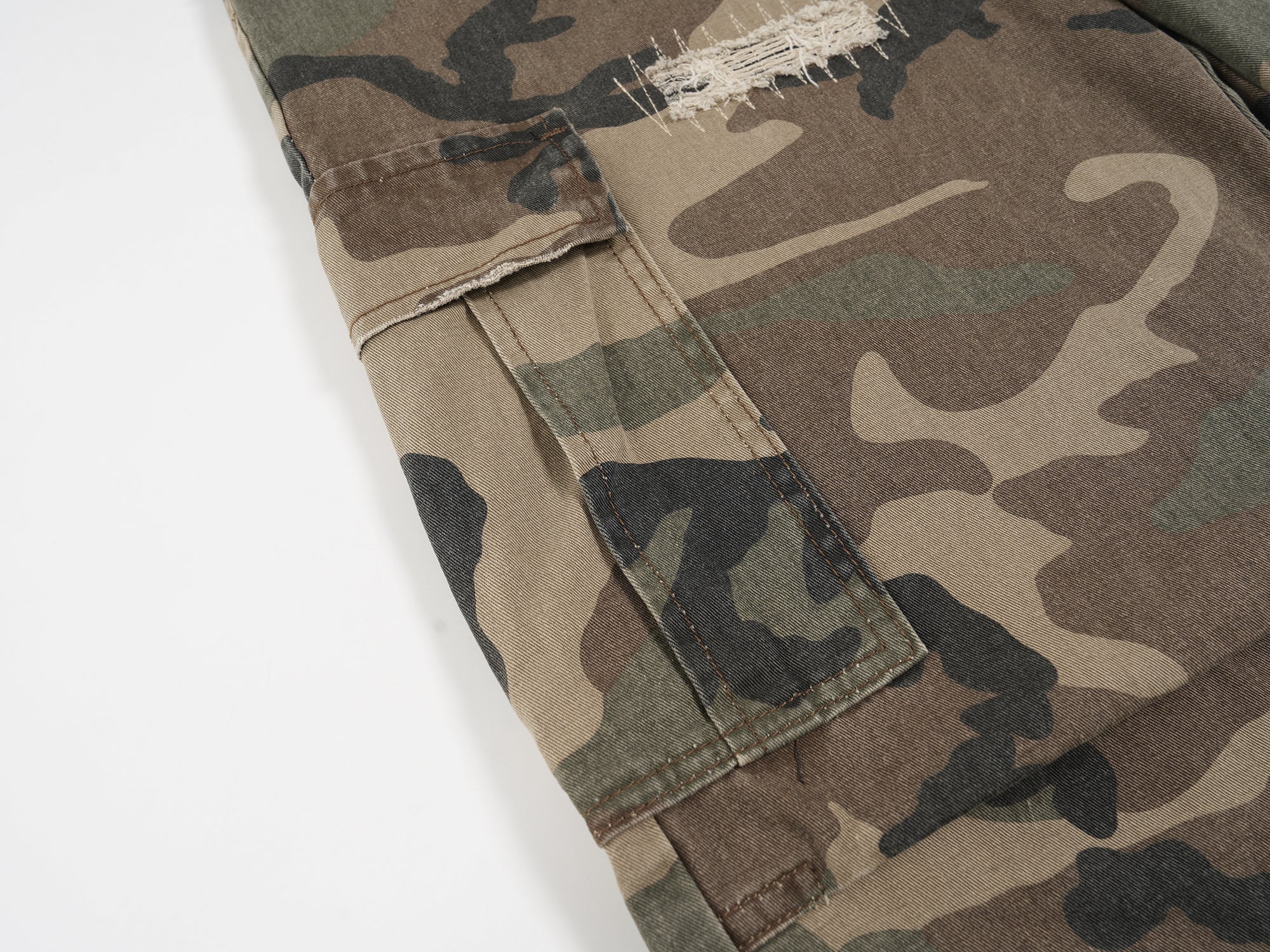 STARRVAINT Distressed Camo Cargo Shorts