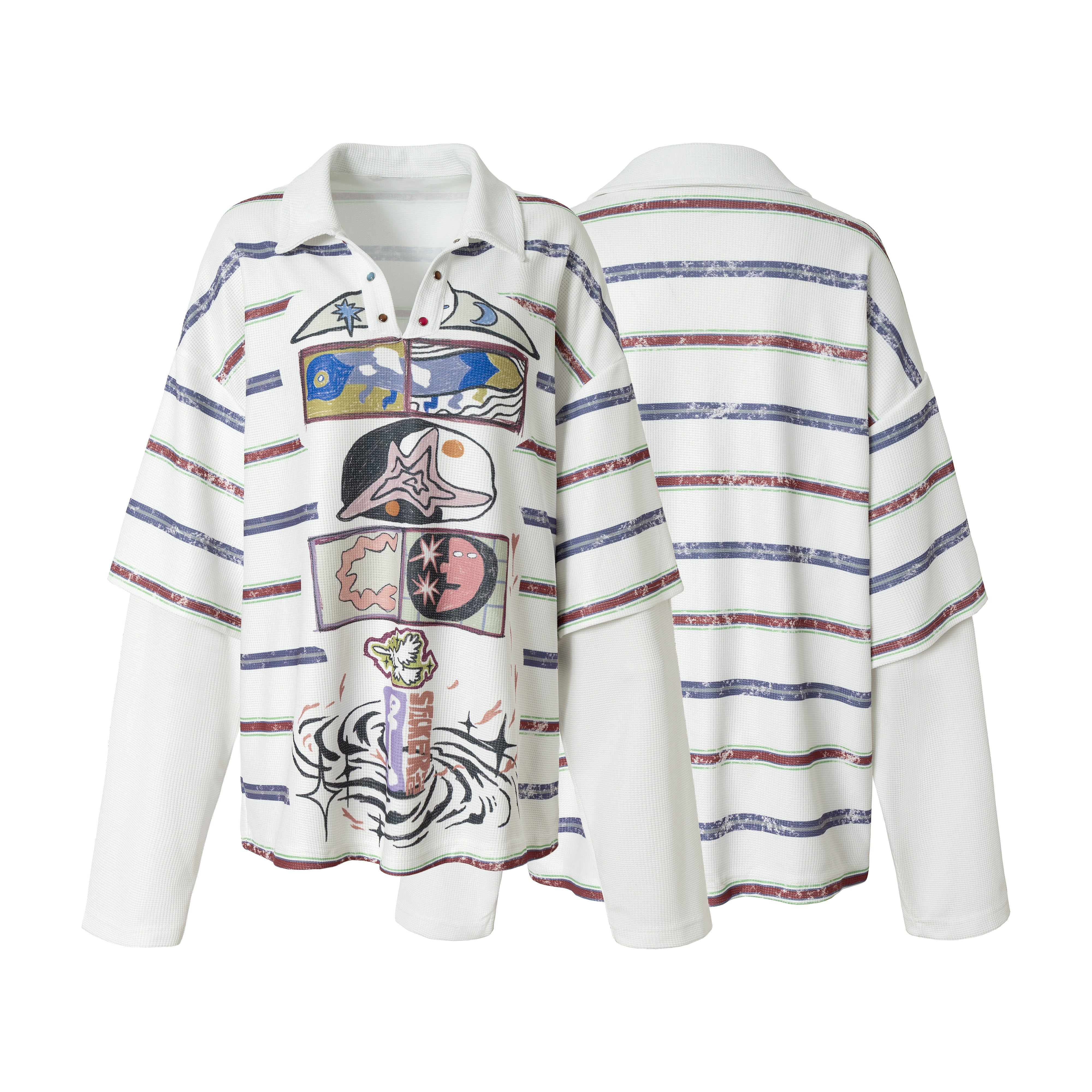 STARRVAINT Abstract Stripe Long-Sleeve Polo Shirt