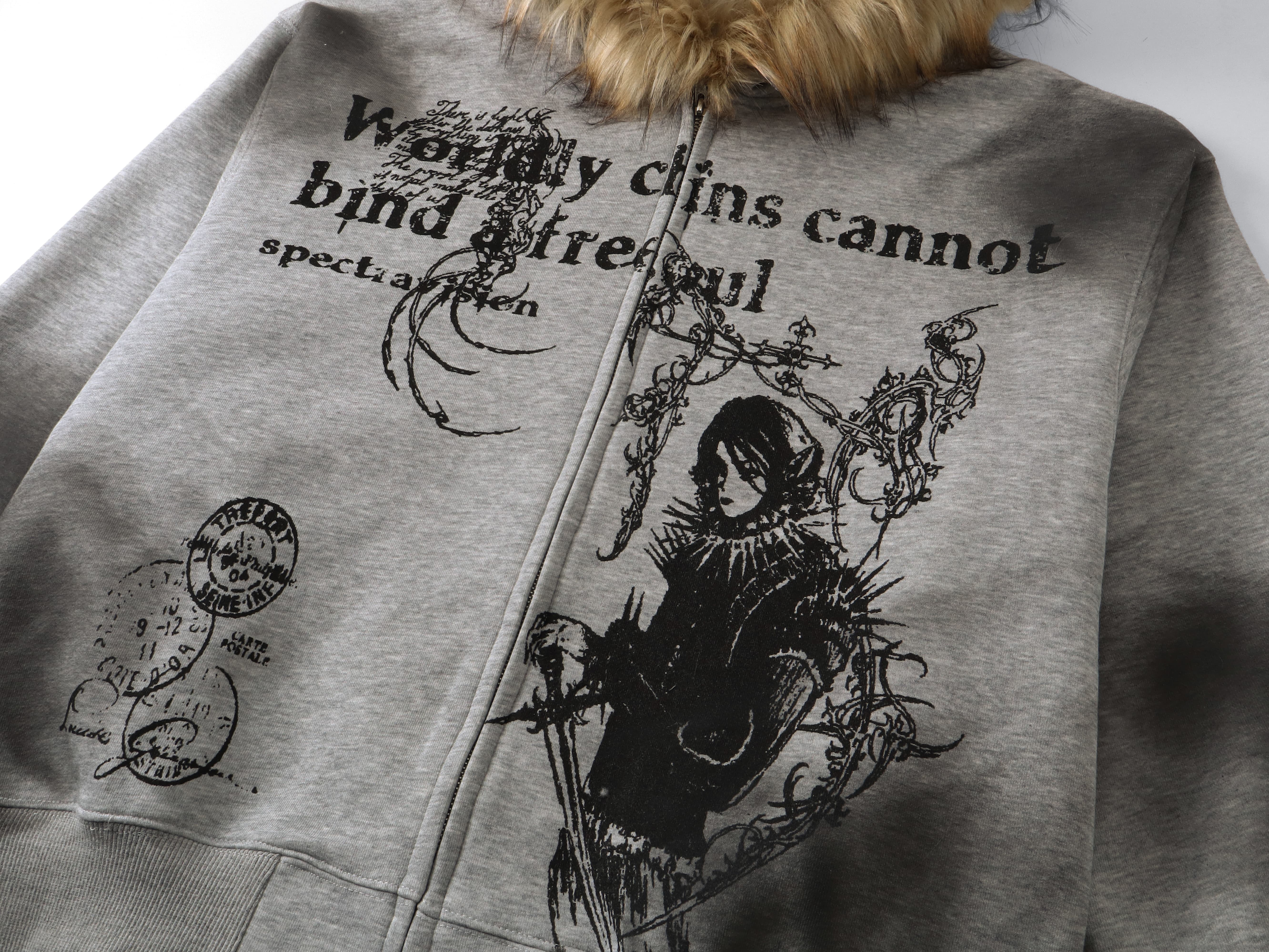 STARRVAINT Gothic Fur-Trim Zip-Up Hoodie