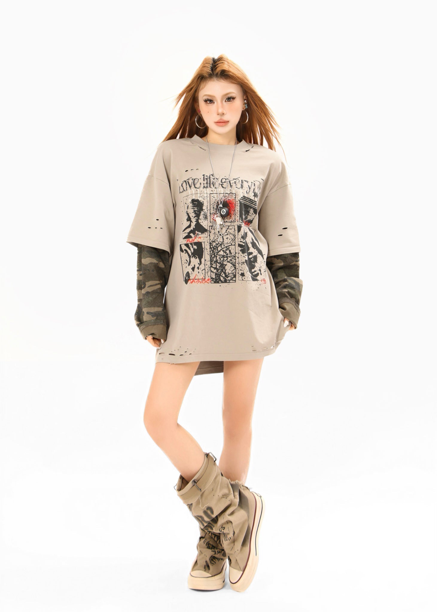 STARRVAINT Layered Camo-Sleeve Distressed Graphic Tee
