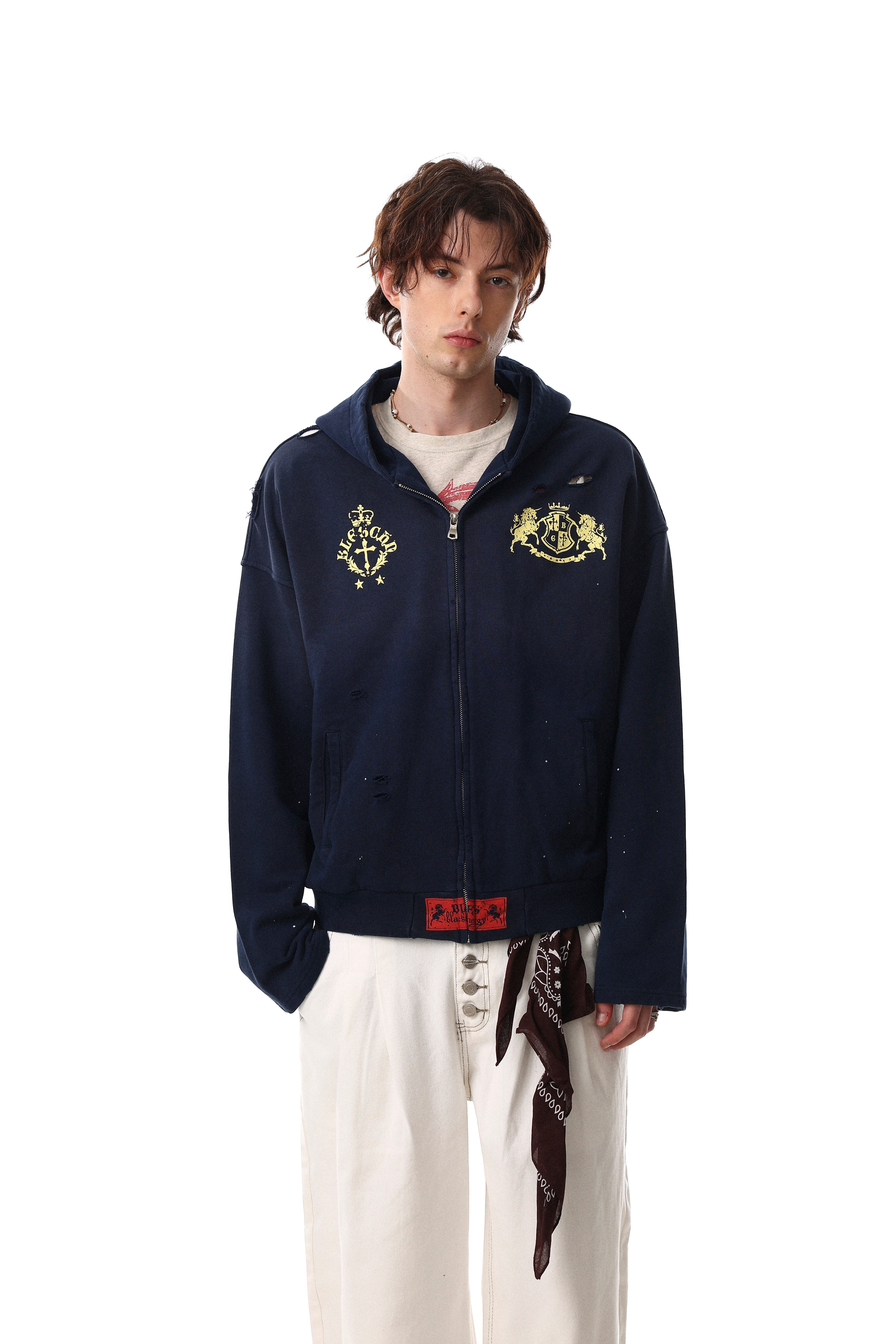 STARRVAINT Distressed Crest Zip-Up Hoodie